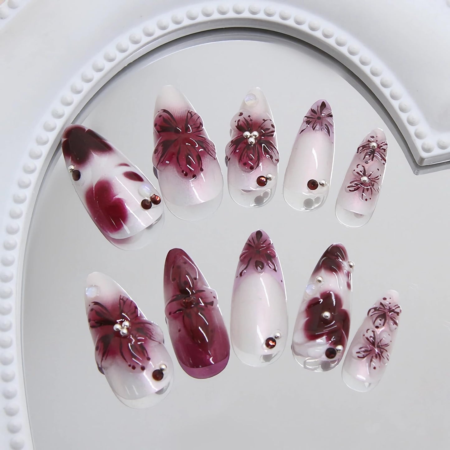 MISUD Press on Nails - Medium Almond Fake Nails with Purple Acrylic Handmade 3D Flower Design 24 pcs