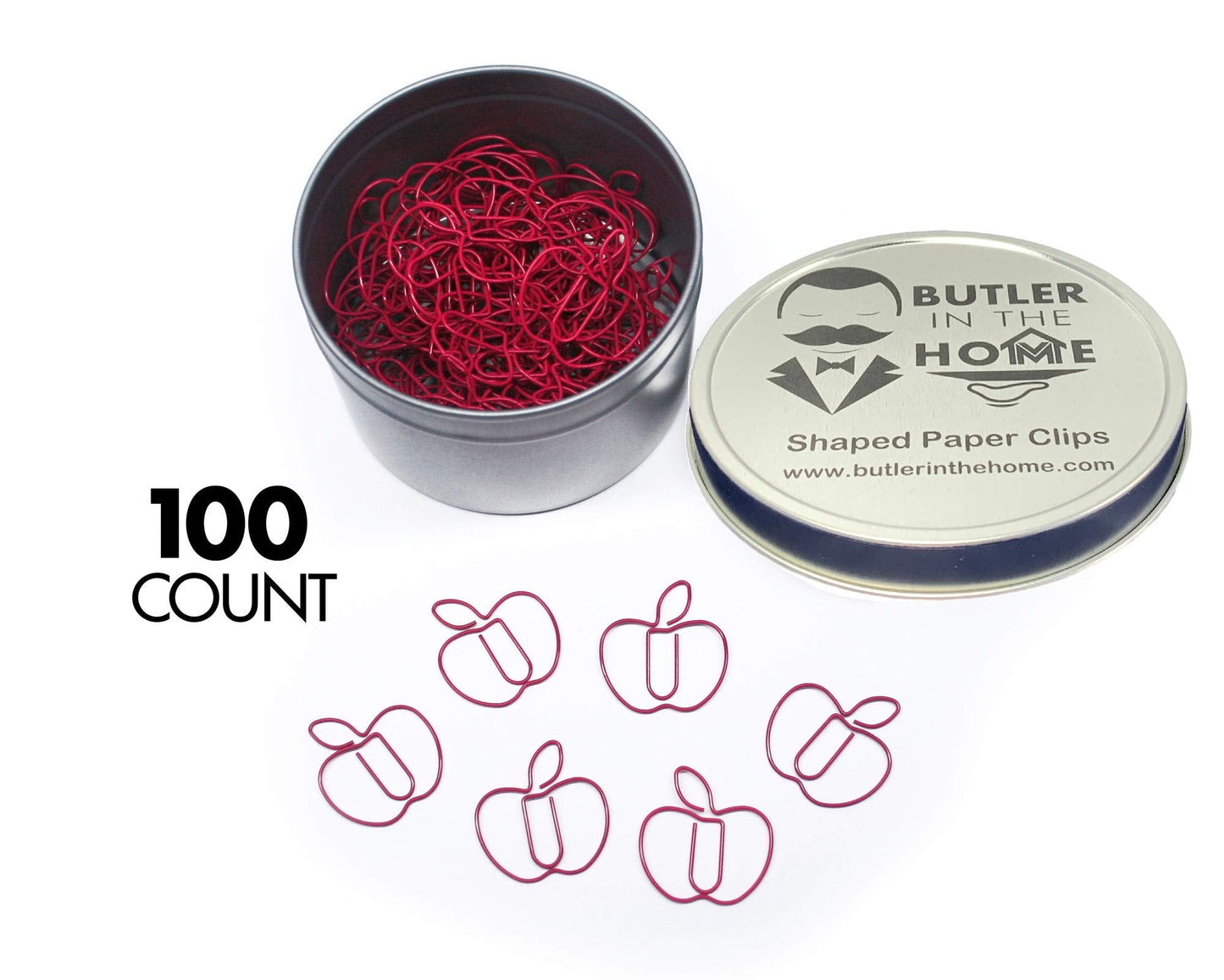 Butler in the Home Apple Paper Clips 100 Count Red Fruit Shaped Clips with Storage Tin for Teachers, Classrooms, Planners, and Office Organization