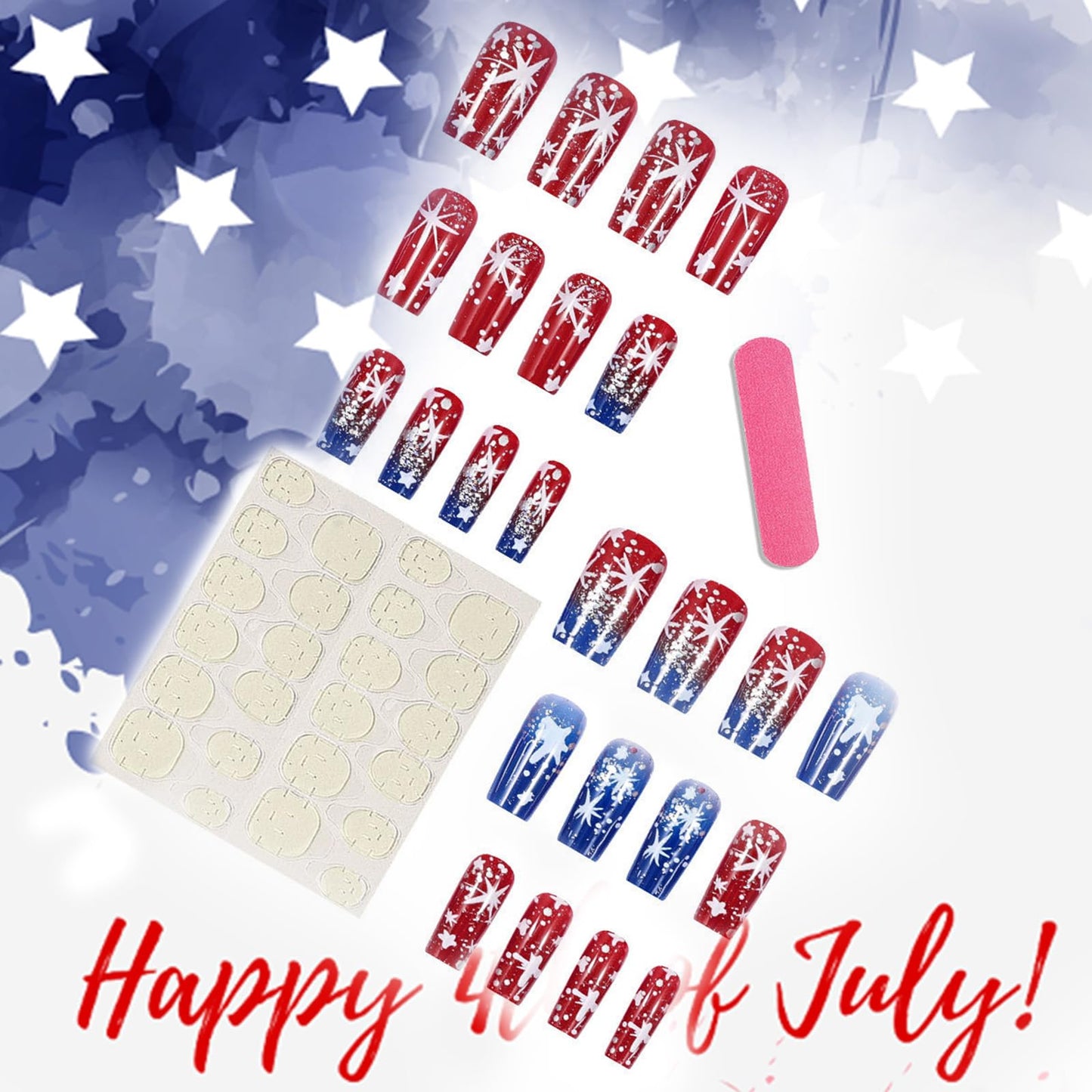 Independence Day Press on Nails Medium Square Fake Nails with Stars Design Red Blue False Nails 4th of July Patriotic Nails Full Cover Glue on Nails Acrylic Stick on Nails for Women 24Pcs
