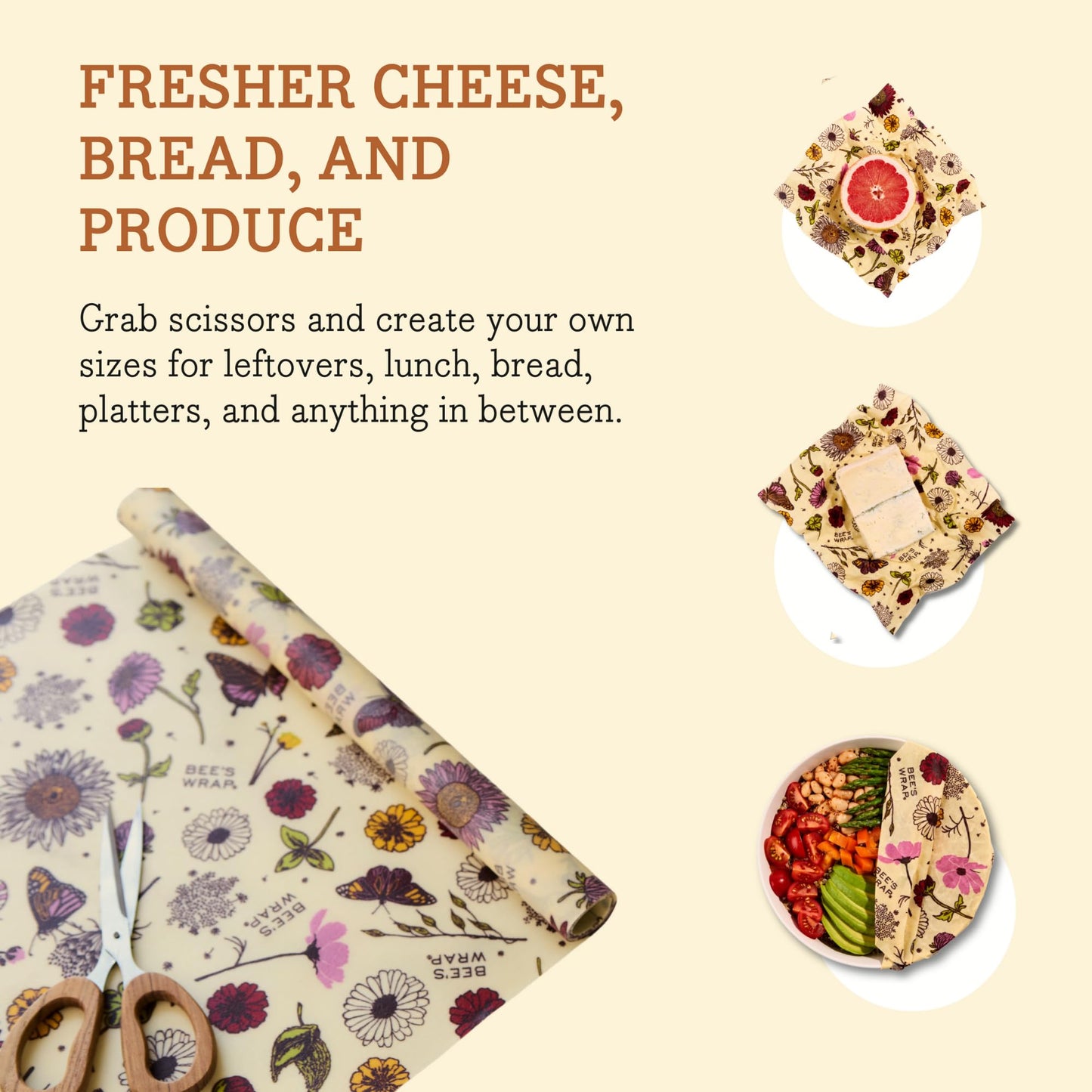 Bee's Wrap Vegan Beeswax Wraps for Food - Cut to Size 14x52" Beeswax Wrap Roll - Plastic Free Made in USA Reusable Natural Food Wrap - Meadow Magic