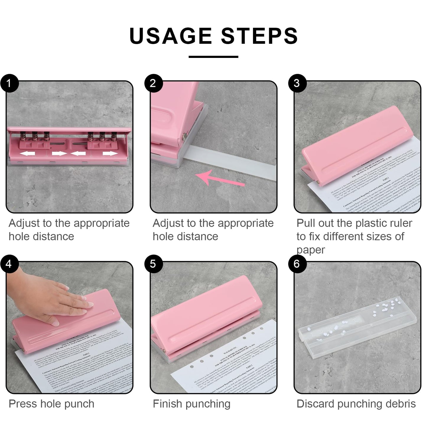 Adjustable 6-Hole Punch - Metal Hole Puncher for A4/A5/A6, Personal & Pocket Planners - 6-Ring Binder Puncher 6-Sheet Capacity, Non-Slip Base, with Ruler & Hole Guide (Pink)
