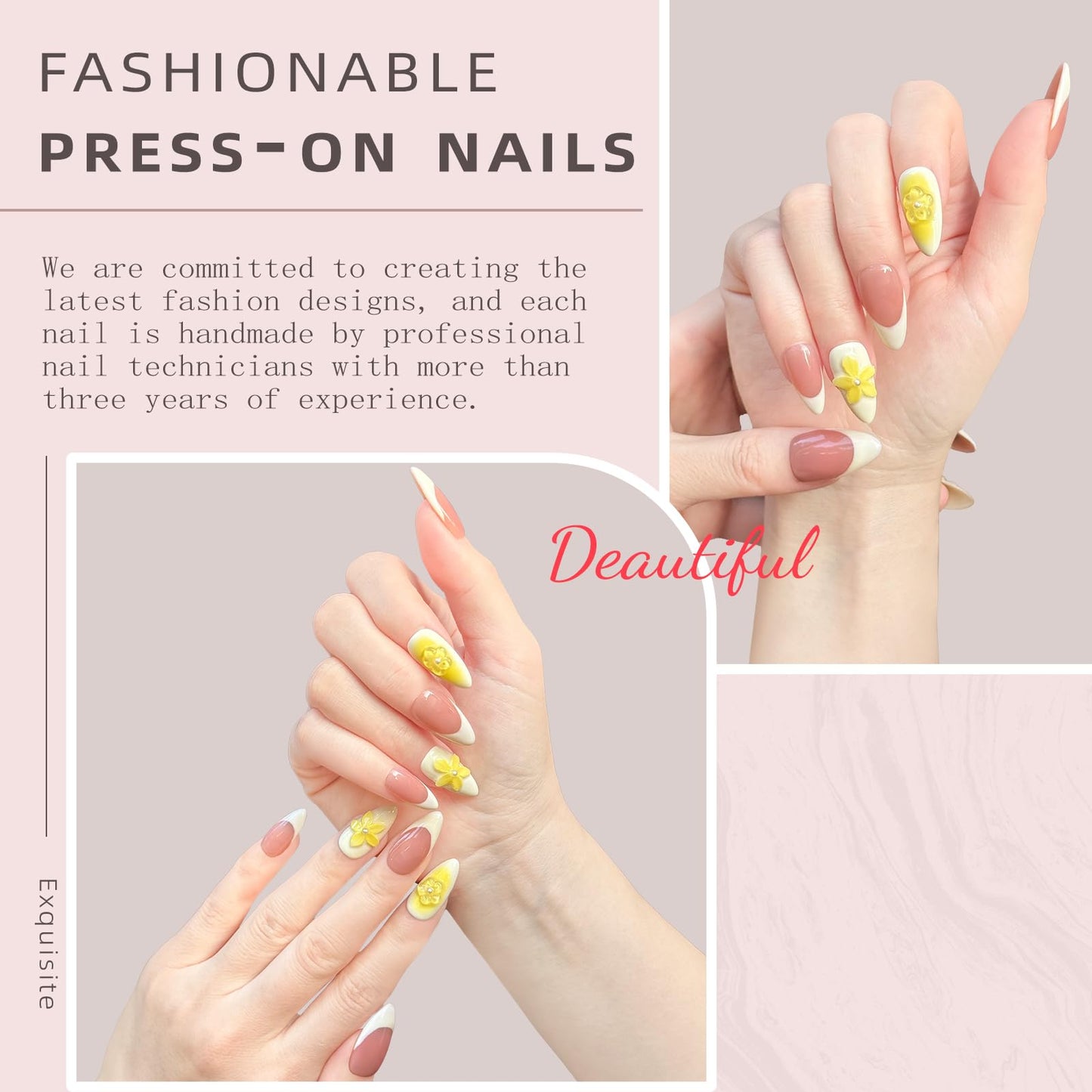 100% Handmade Press-On Nails,3D Flower & Leopard French Tips,Glossy Nude Medium Almond Shape | Spring/Summer DIY False Nails | Reusable Nail Art(10PCS-M)