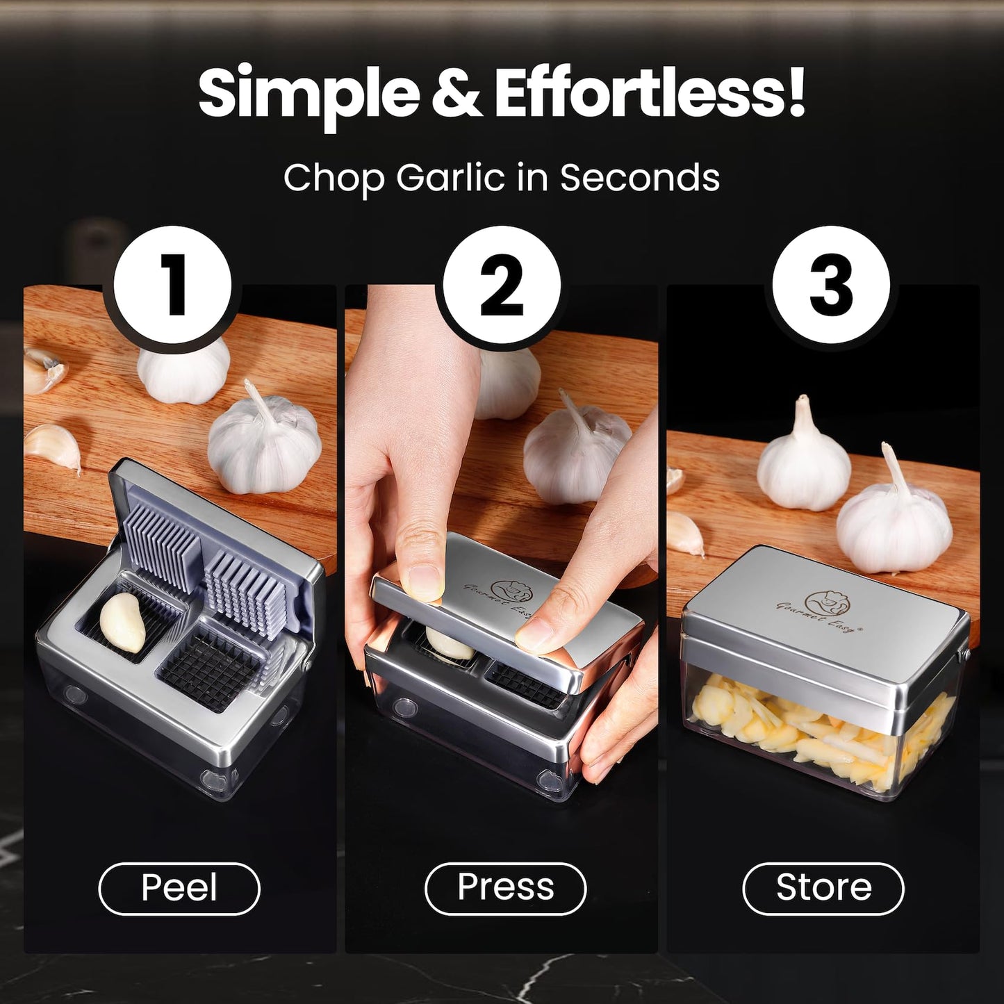 Garlic Press Stainless Steel, Garlic Chopper Mini & Slicer Super Thin 2 in 1, Odor Free Ginger Dicer with Storage Container, Dishwasher Safe Mini Chopper, Premium Mincer with 5 Year Warranty