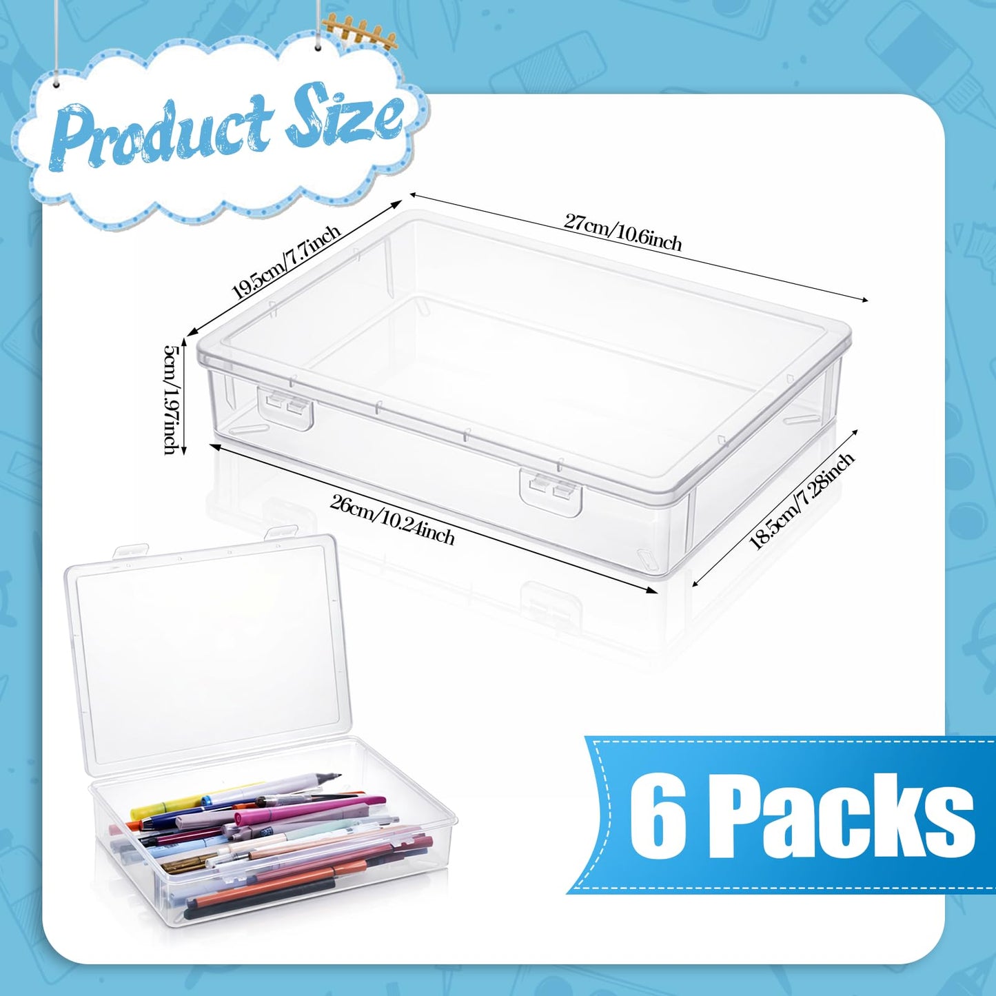 Oqqlin 6 Pcs Plastic Storage Boxes with Lids, 10.6x7.7x2 Inch Clear Rectangular Plastic Box Multipurpose Craft Organizers Small Storage Containers for Pencils, Beads, Craft Accessories, Small Items