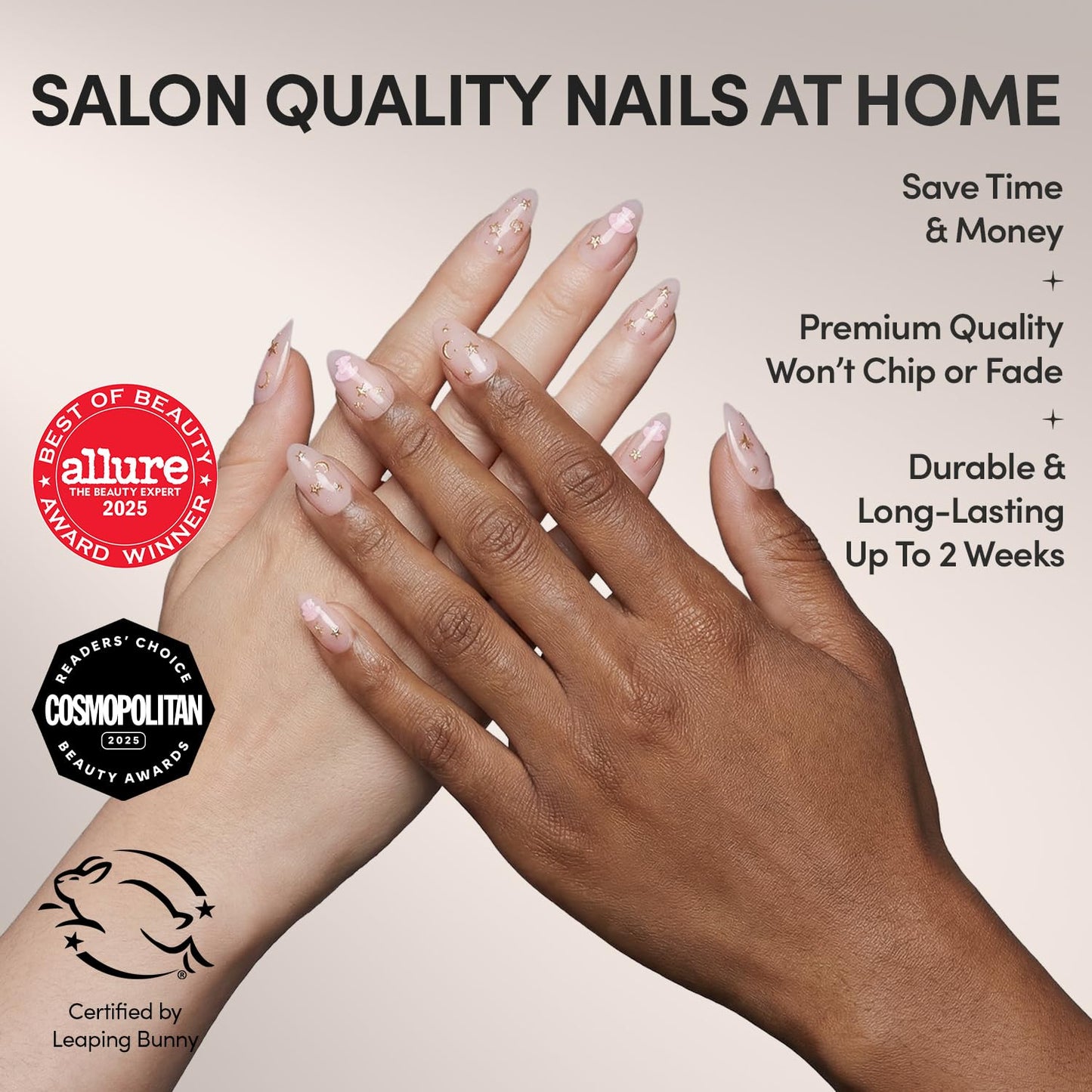 Glamnetic x Hello Kitty® and Friends Press On Nails - My Melody™ | Short Almond Gold Foil 3D Graphic Fake Nails in a Glossy Finish | 15 Sizes - 30 Nail Kit with Glue