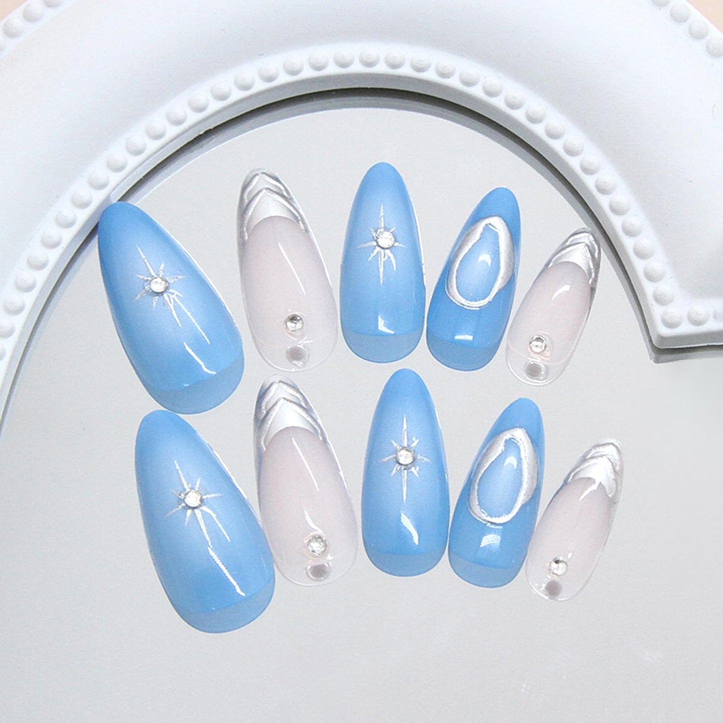 24Pcs Blue Press on Nails Medium Almond Fake Nail Tips with Rhinestones Sparkling Star Gothic Style Y2k Blue French Silver Star Stick on Nails Acrylic Nails Almond Shape False Nails for Women