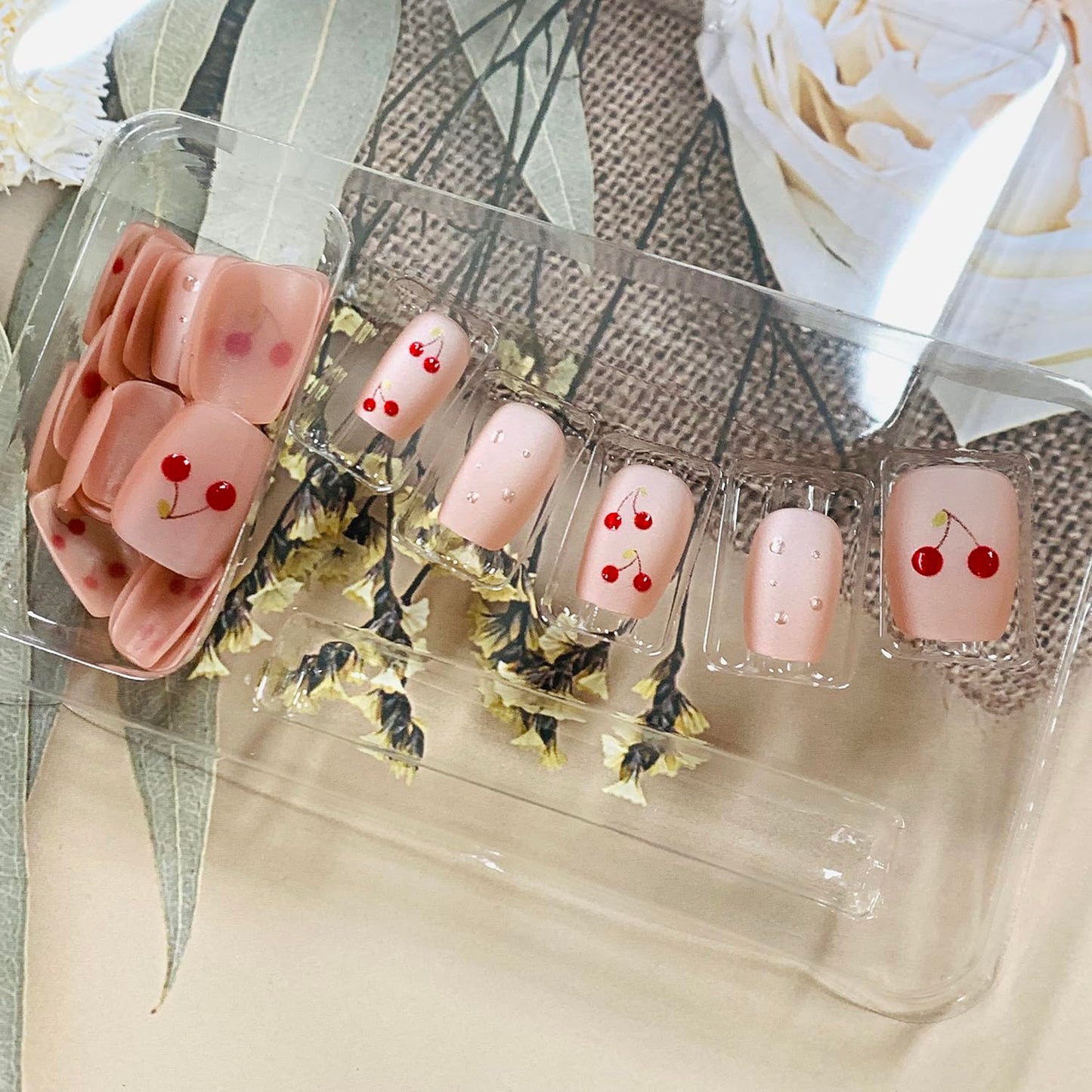 Press On Glossy Full Cover Acrylic Short Length Square False Nails with Cherry Designs Artificial Square Shaped Fake Nails with Charms Glue ons Fingernails for Women Girls