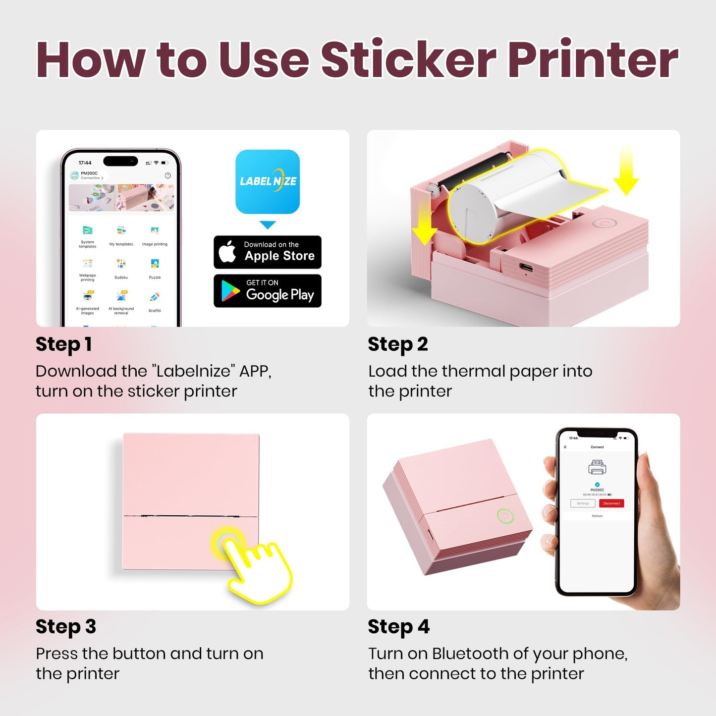 ETIKEZ Sticker Printer, PM290C Portable Mini Printer, Inkless Bluetooth Sticker Maker with 3 Rolls Paper, Impresora Portátil for Notes, DIY, Gift, Smart AI APP, Print Pod for Office, Pink 1pack
