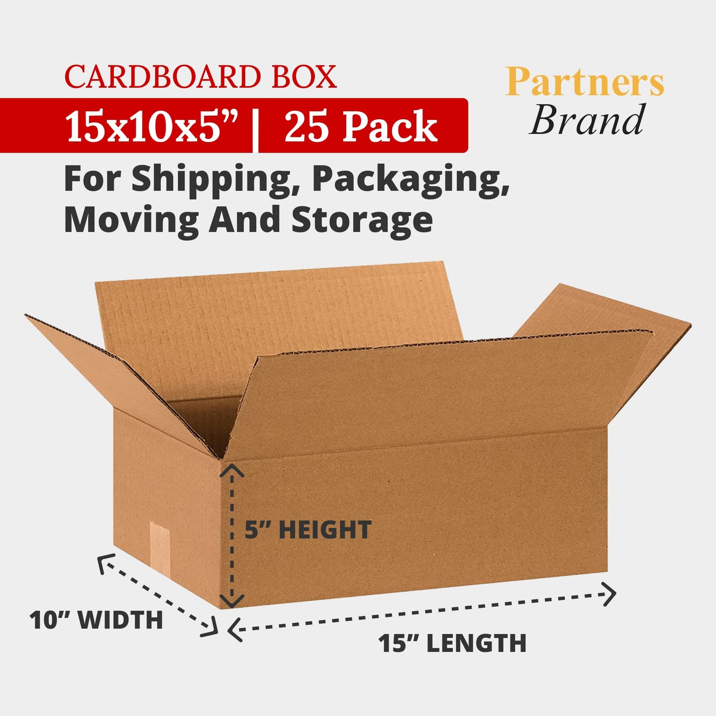 PARTNERS BRAND 15 x 10 x 5 Corrugated Cardboard Boxes, Flat 15"L x 10"W x 5"H, Pack of 25 | Shipping, Packaging, Moving, Storage Box for Home or Business, Strong Wholesale Bulk Boxes