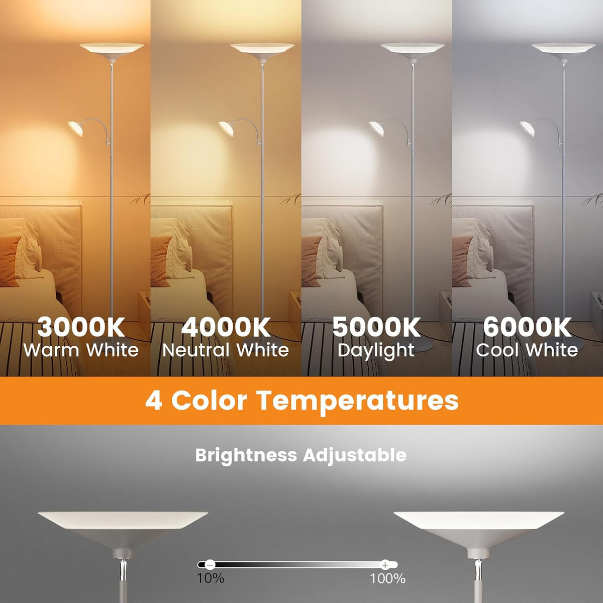 Sliver Gray Torchiere Floor Lamp with Reading Light, 4 Color Temperatures, Dimmable & Individual Light Control Standing Lamp, 34W Bright Tall Lamp with Remote for Living Room Bedroom Office