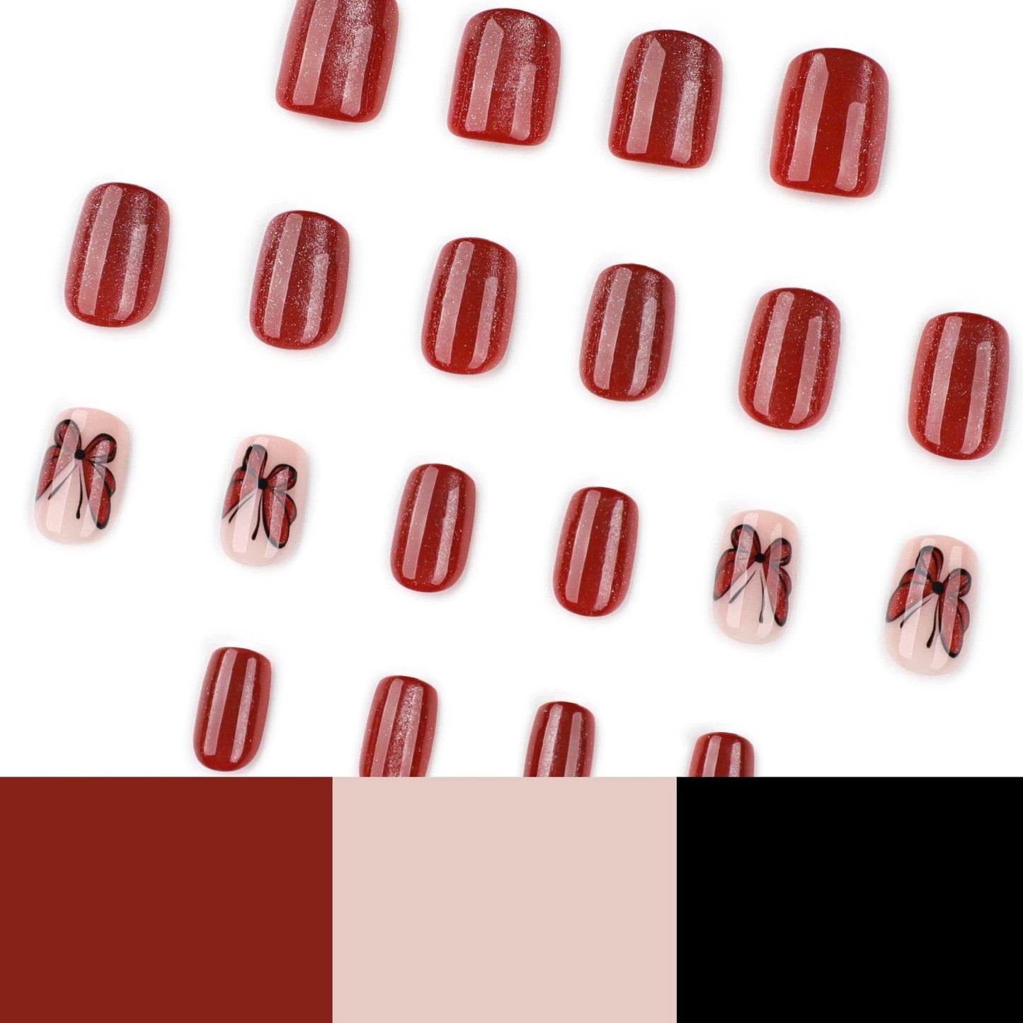 24Pcs Red Press on Nails Short Square Fake Nails Cat's Eye False Nails with Glitter Butterfly Designs Acrylic Nails for Women Manicure