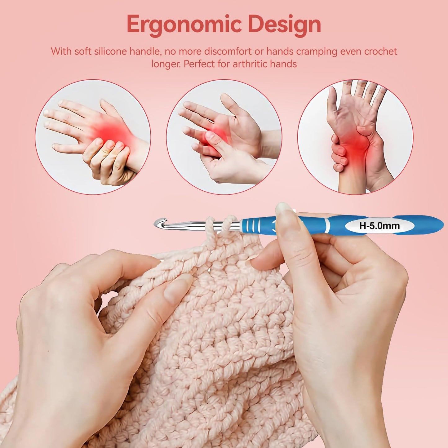 Dasonwin 60-Piece Ergonomic Crochet Hooks Set with Travel Case - Aluminum Crochet Needles Kit for Beginners & Experts, Arthritis-Friendly Design, Includes Stitch Markers & Accessories (Pink)