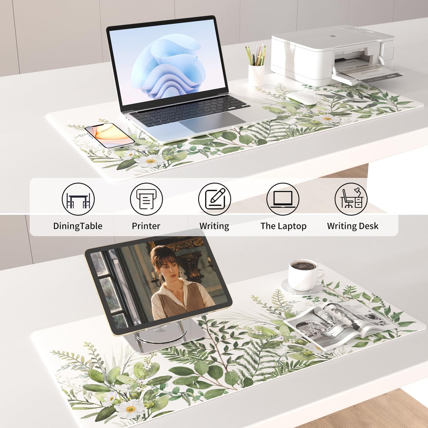 Colorful Star Large Mouse Pad, Green Leaves Waterproof Office Desk Mat, Non-Slip Computer Gaming Mouse Pad, XXL PC Laptop Protector Pads, PU Leather Desk Writing Pads for Office Home, 31.5" x 15.7"