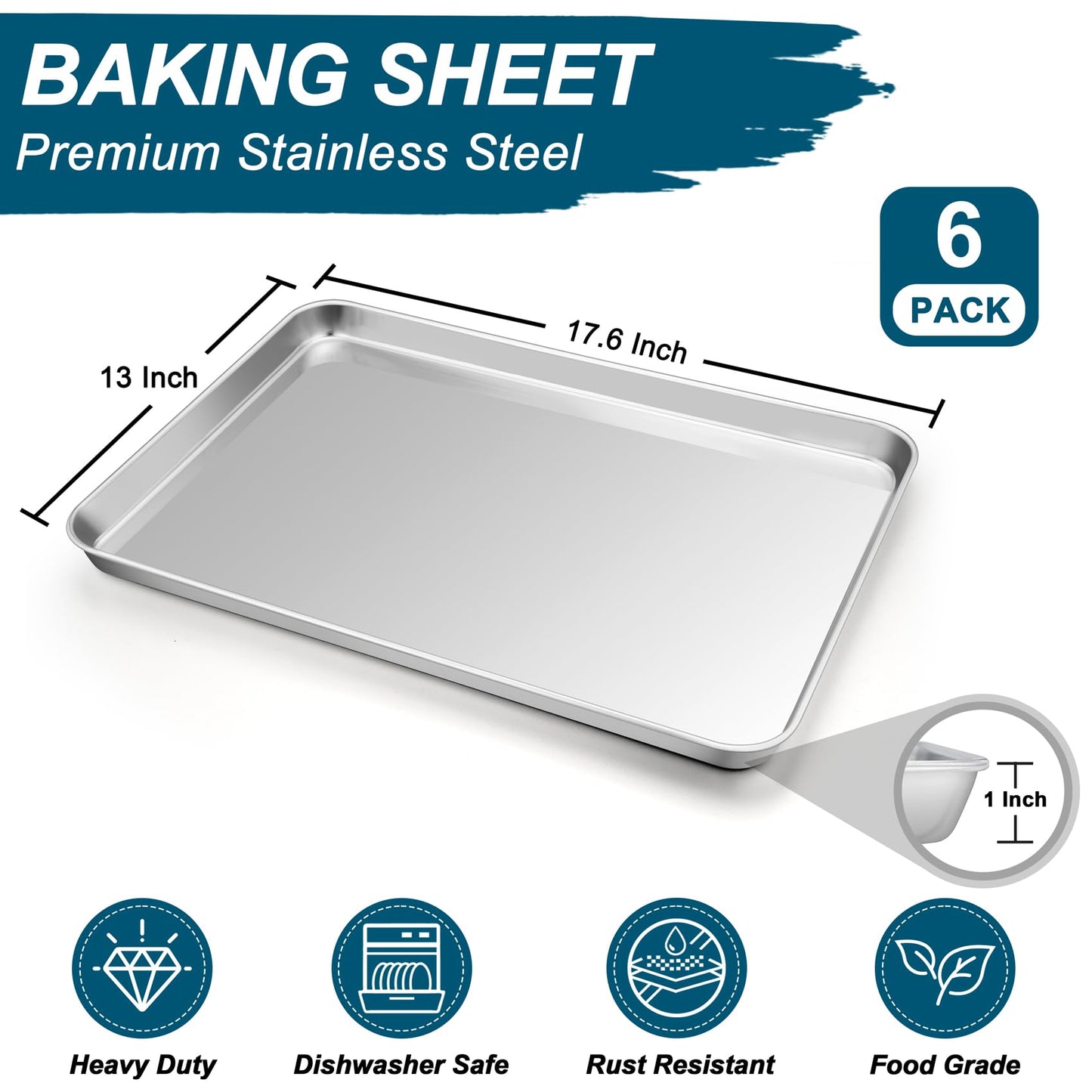 TeamFar Baking Sheet Pan, 6 Pack Stainless Steel Half Size Baking Pans Set, Metal Large Cookie Sheets for Baking/Roasting/Serving, Non-Toxic & Heavy Duty, Dishwasher Safe, 17.6” x 13” x 1”