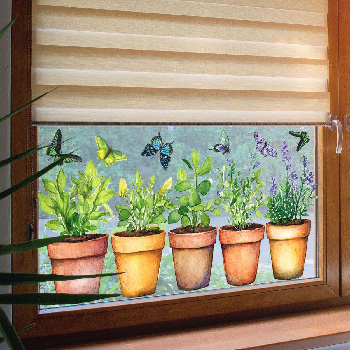 Decorative Window Cling Decal, Double-Sided Wildflowers Design, 21.46 x 11.42 inches, Waterproof Removable Static Sticker for Glass (Flowerpot)