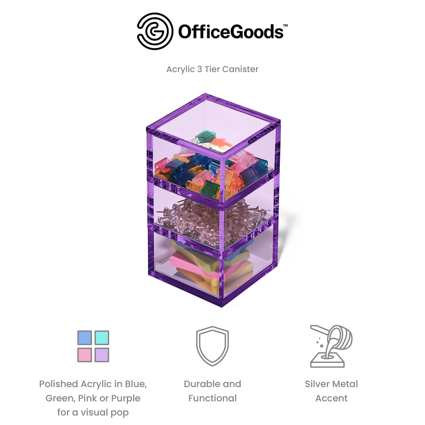 OfficeGoods 3-Tier Stackable Acrylic Holder- Stylish Desk Organizer and Storage for Office or Home – Transparent Square Design, Purple with Silver Metal Base