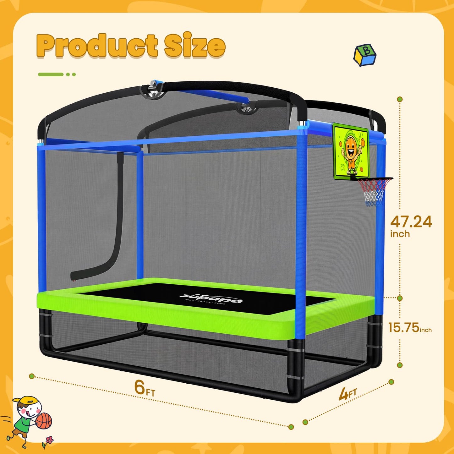 Zupapa 4X6FT Rectangle Trampoline with Basketball Hoop, and Safety Net - Indoor/Outdoor Kids Trampoline for Toddlers Ages 3-6, 220LBS Capacity, Heavy-Duty Galvanized Steel Frame