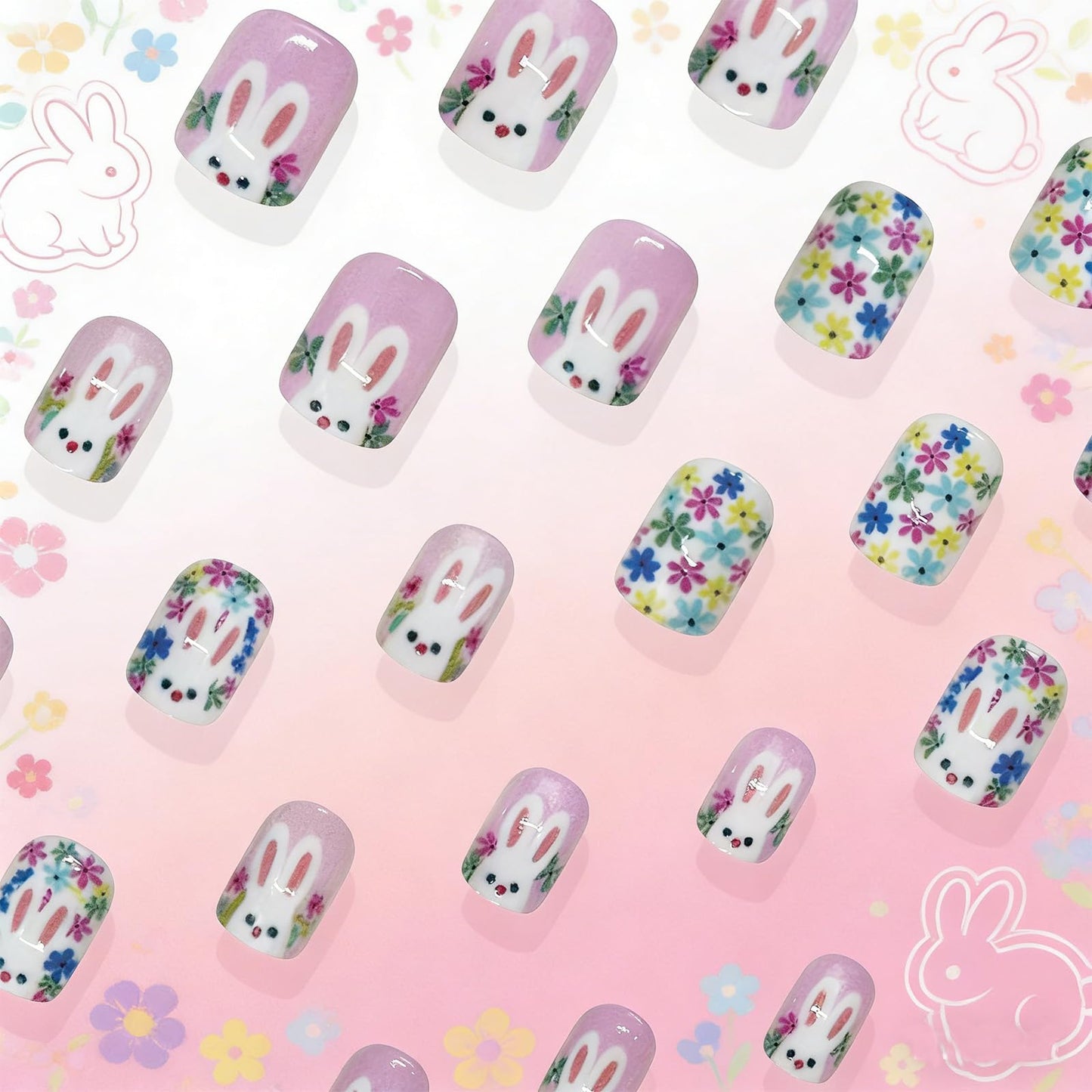 Colorful Flower Press on Nails Easter Short Square Fake Nails with Cute Bunny Designs Glossy Acrylic Nail Press ons Spring Floral False Nails Full Cover Glue on Nails for Women 24Pcs