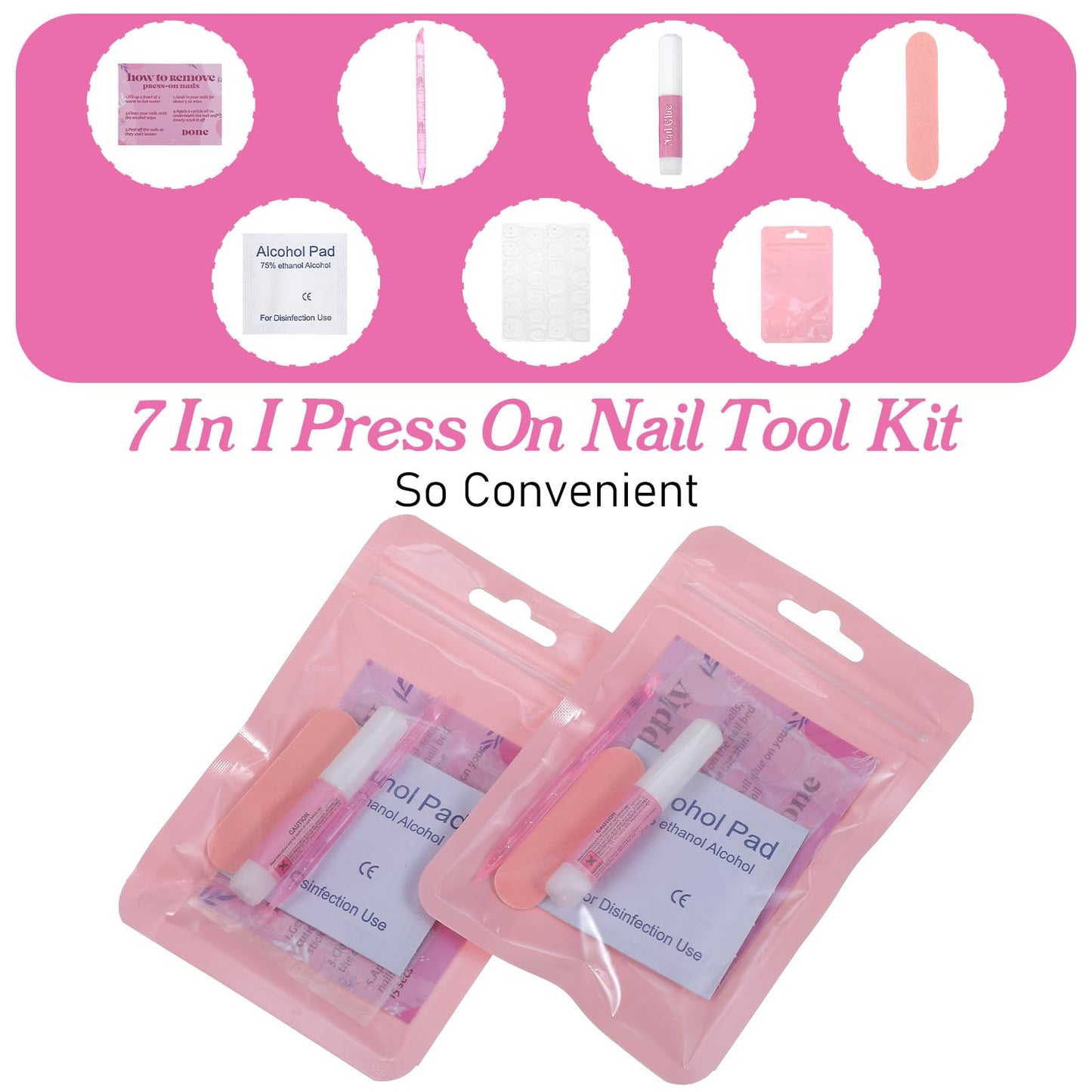 100 Set Disposable Nail Supplies Kits, Professional Manicure Press On Nails Tool Kit with Nail File, Adhesive Tabs, Nails Glue, Plastic Sticks, Prep Pads, Bags (Pink)