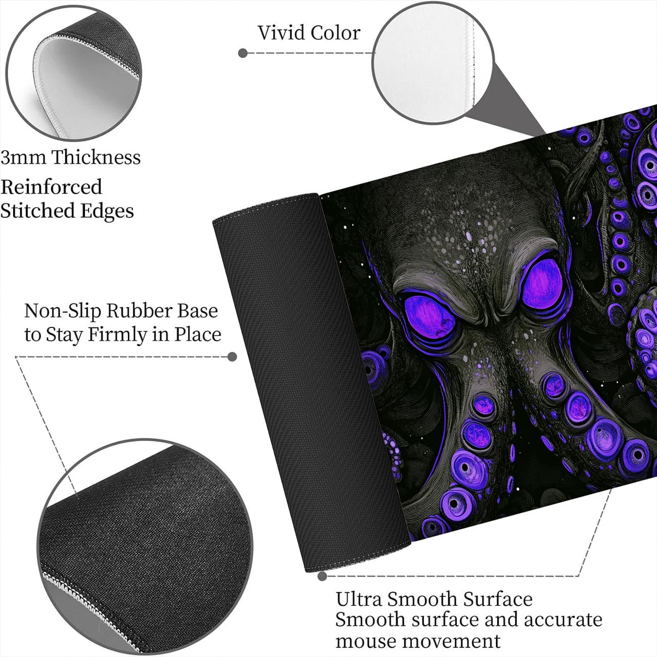 Octopus Gaming Mouse Pad, Black Purple Eye Monster Large Gaming Mouse Mat with Stitched Edges,Non-Slip Waterproof Rubber Base Mous Mat, XXL Extended Mouse Protector for Home Office, 31.5”x11.8”
