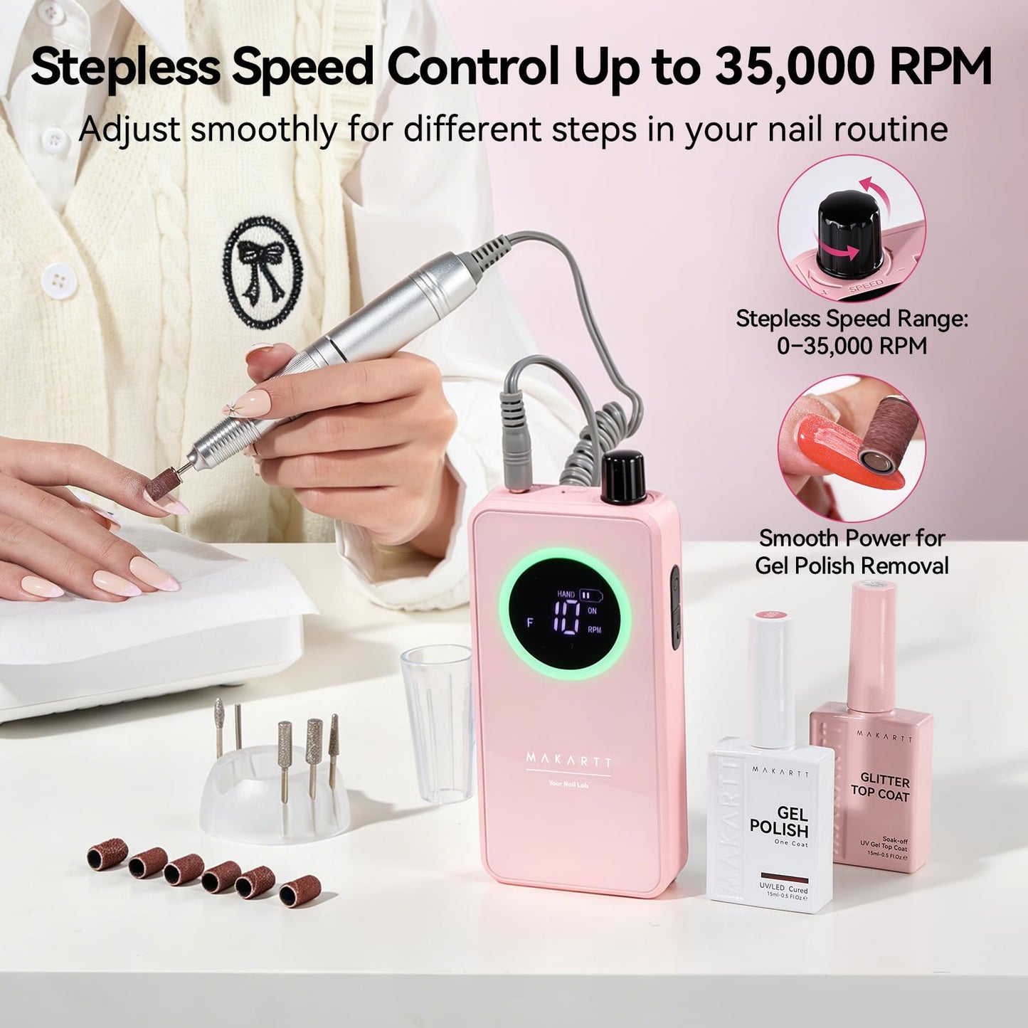 Makartt Cordless Nail Drill for Beginners: Easy & Safe Electric Nail File for Home DIY, Low Vibration Quiet Control with LCD, for Gel Removal, Shaping & Nail Care, YEEYAN