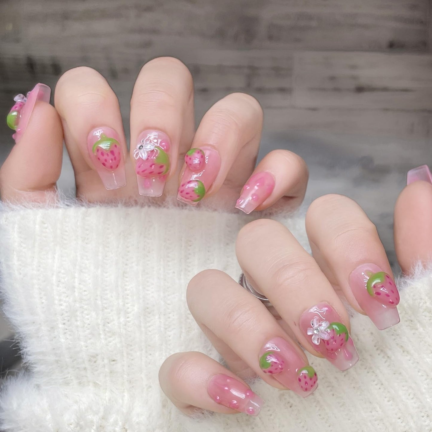 10Pcs Pink Coffin Press on Nails Handmade Fake Nails Reusable False Nails with 3D Strawberry Flower Design Acrylic Nails Press ons Cute Strawberry Nail Spring Summer Stick on Nails for Women (S)