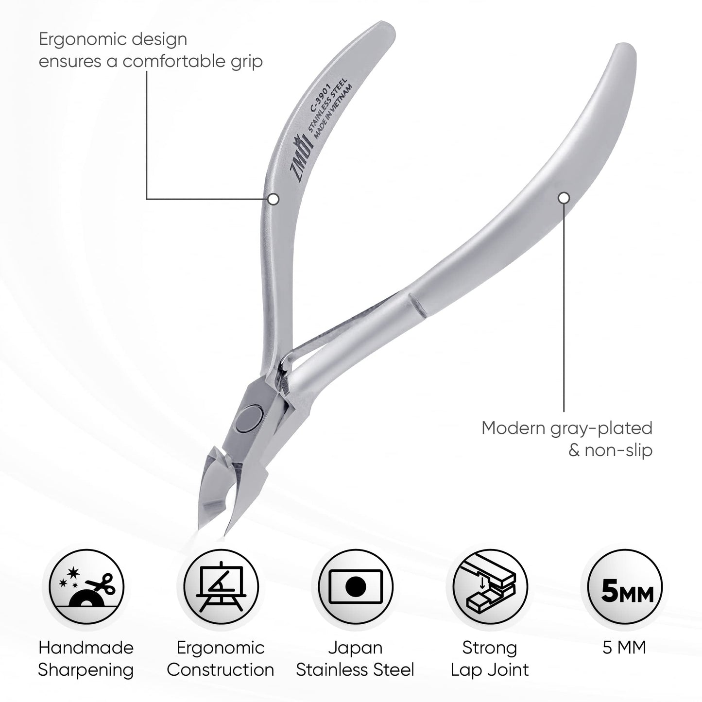 ZMOI Cuticle Nippers – Professional Cuticle trimmer – Premium Stainless Steel Cuticle Remover Tool – Cuticle Cutter for Cuticle Trimming and Hangnails (Single Spring - Haft Jaw 5mm)