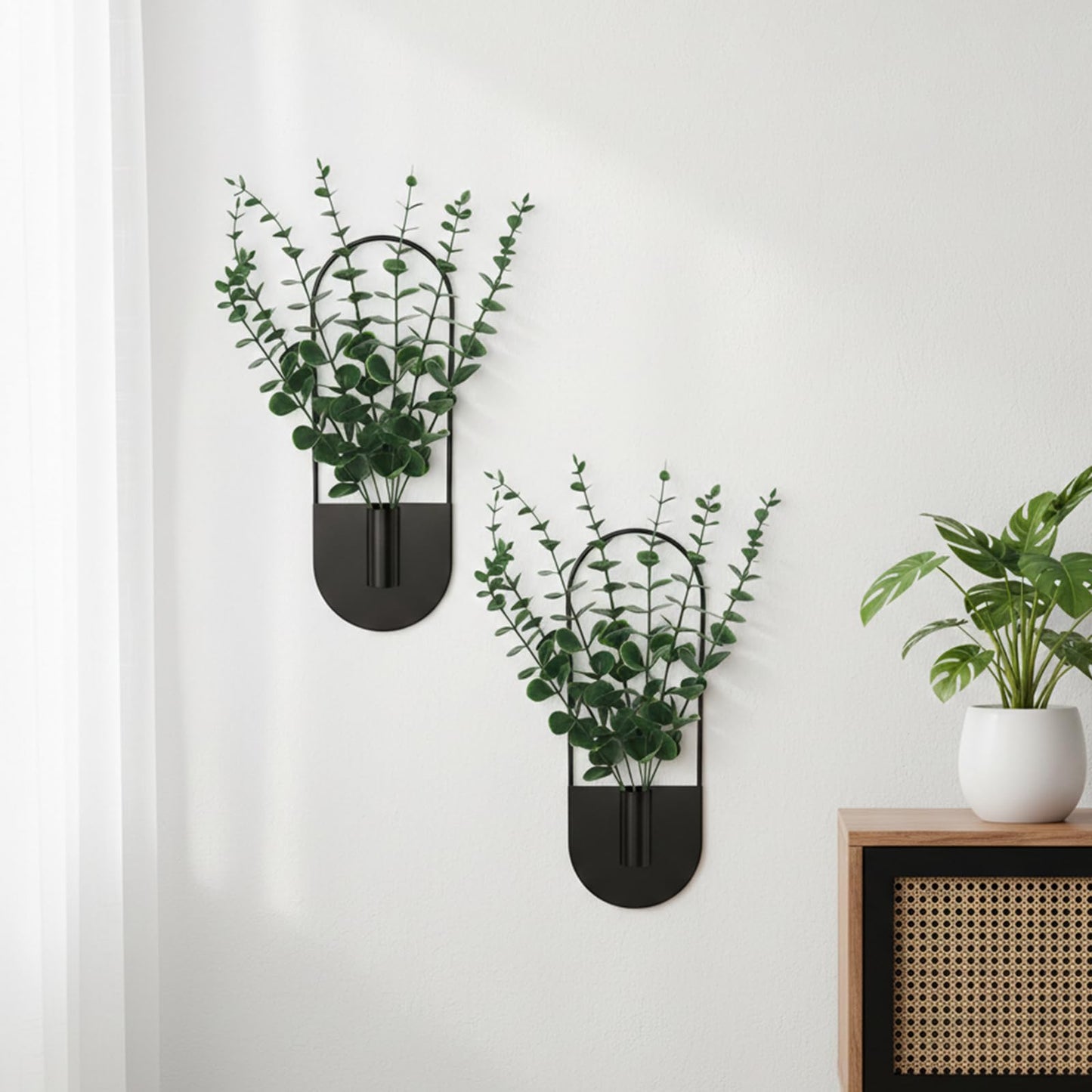 Nacidooka 2 Pcs Boho Wall Decor Hanging Planters for Indoor Plants, Hanging Plant Holder with Artificial Eucalyptus Modern Bathroom Metal Wall Art for Living Room Hallway Home Office(Black)