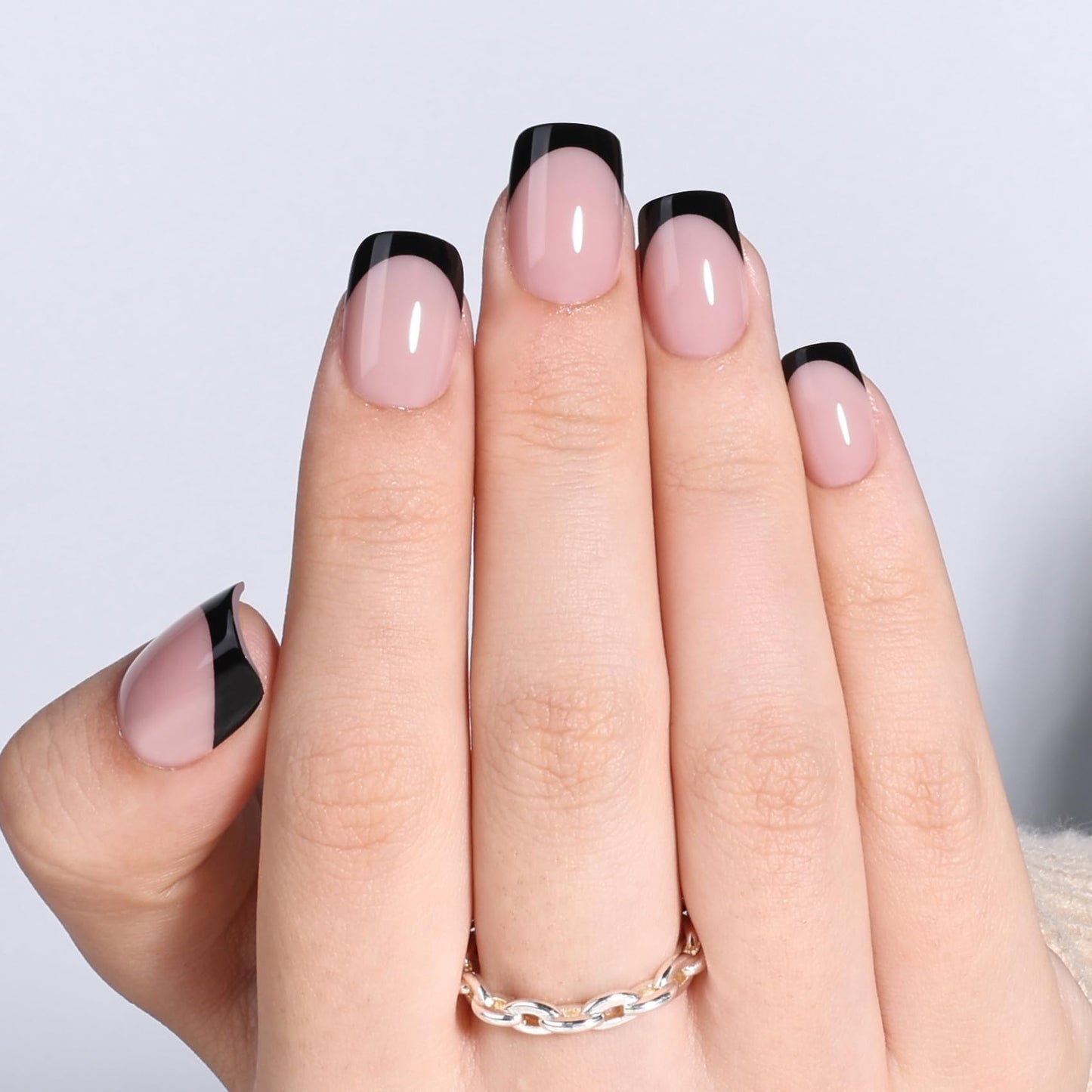 Black French Tip Press On Nails - Black Short Square Fake Nails, French Tip Press On Nails Reusable Stick On Nails in 15 Sizes, 30pcs False Nail Kit for Women & Girls(Bare Eclipse)