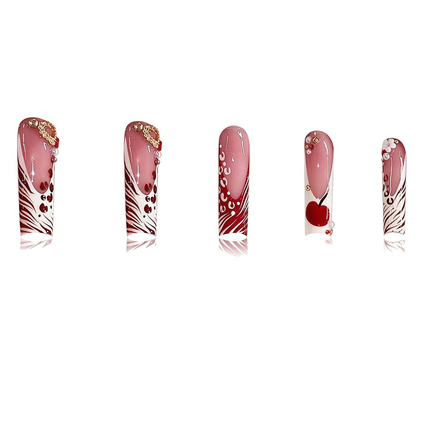 Long Press on Nails Square Fake Nails Red Acrylic Nail Press Ons Seeneey Cherry and Gold Charm Designs Leopard Stick on Nail for Women 24pcs