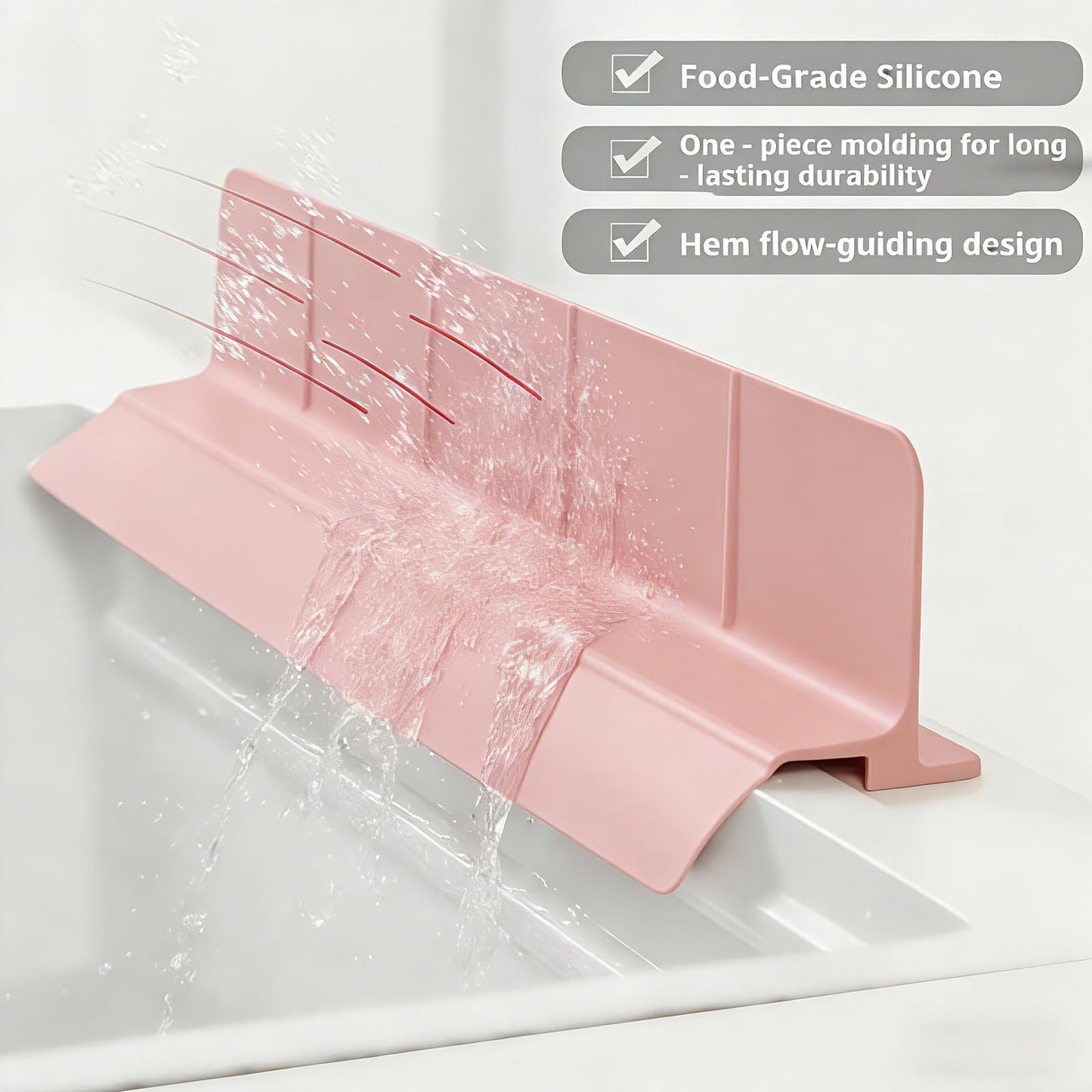 URJWAN Food Grade Silicone Sink Splash Guard (23 Inch), 7 Strong Suction Cups Non-Slip Water Protector, Dishwasher Safe & Cuttable for Kitchen/Bathroom Countertops (Pink)