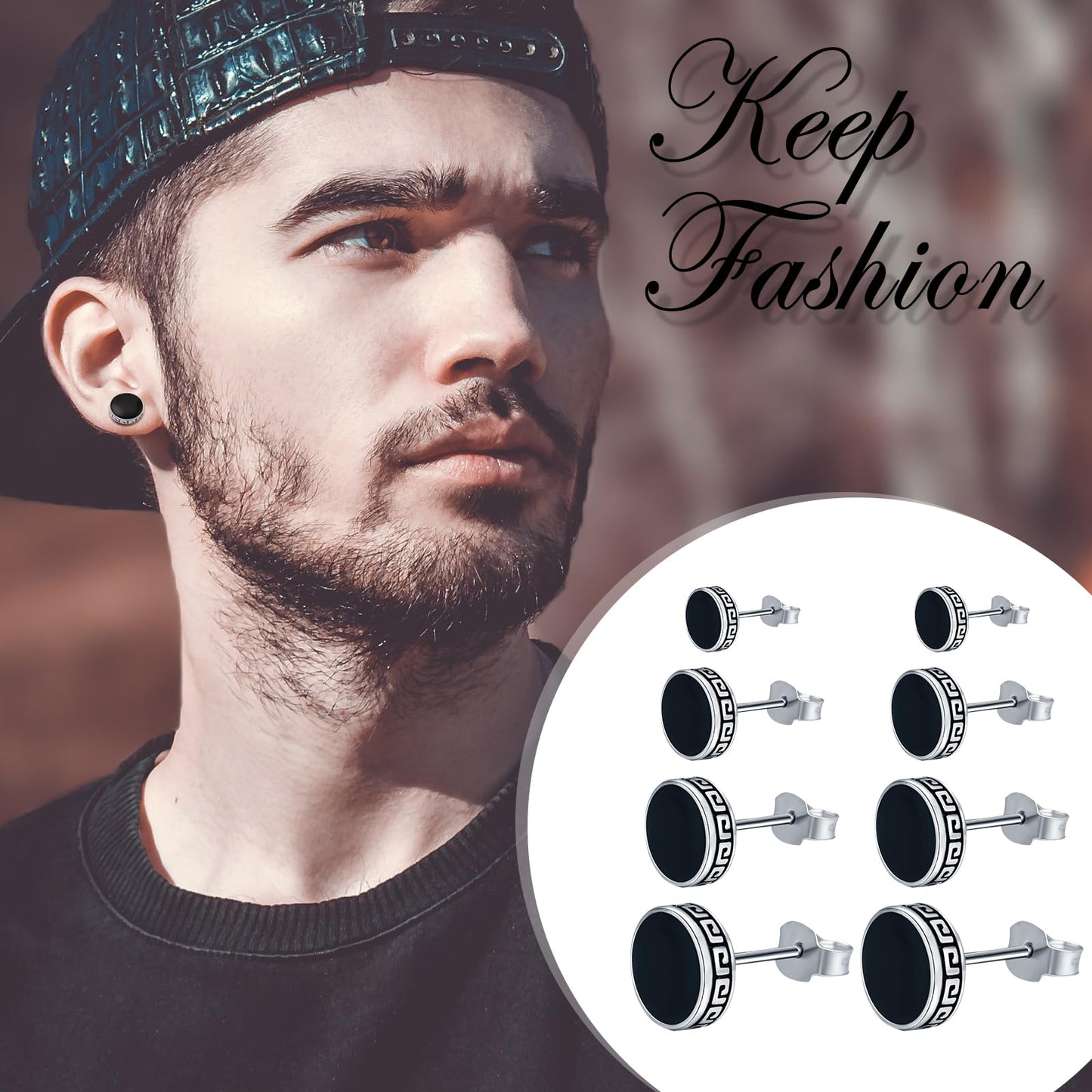 Aroncent Black Round Stud Earrings: Stainless Steel Hypoallergenic Retro Graphic Circle Piercing Ear Studs Set for Men Women 4 Pairs 6-12 mm