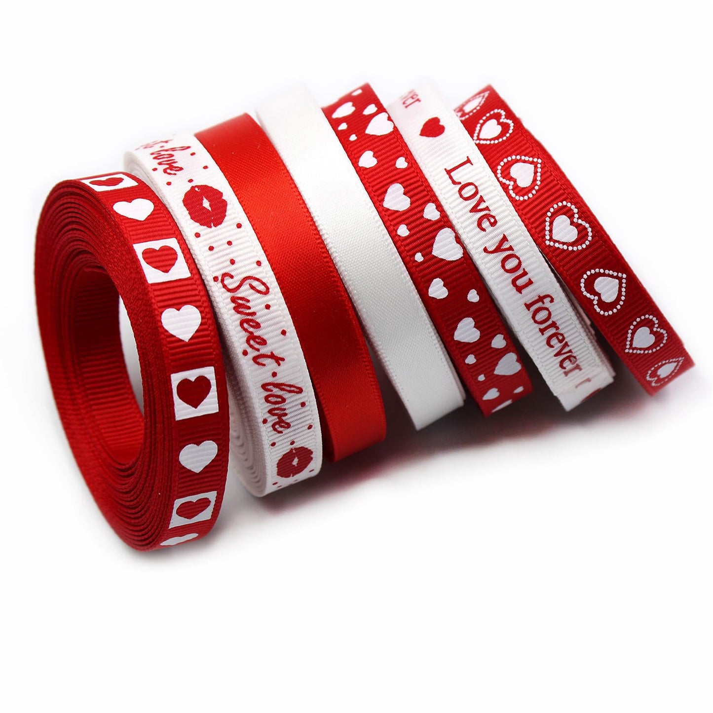 SCECALA 7 Rolls Red Ribbon (35 Yards Total) - Gold Foil Stamped Love You Forever Polyester Heart White Ribbon 0.63" for Gift Wrapping, Flower Bouquets, DIY Crafts, Party Decorations
