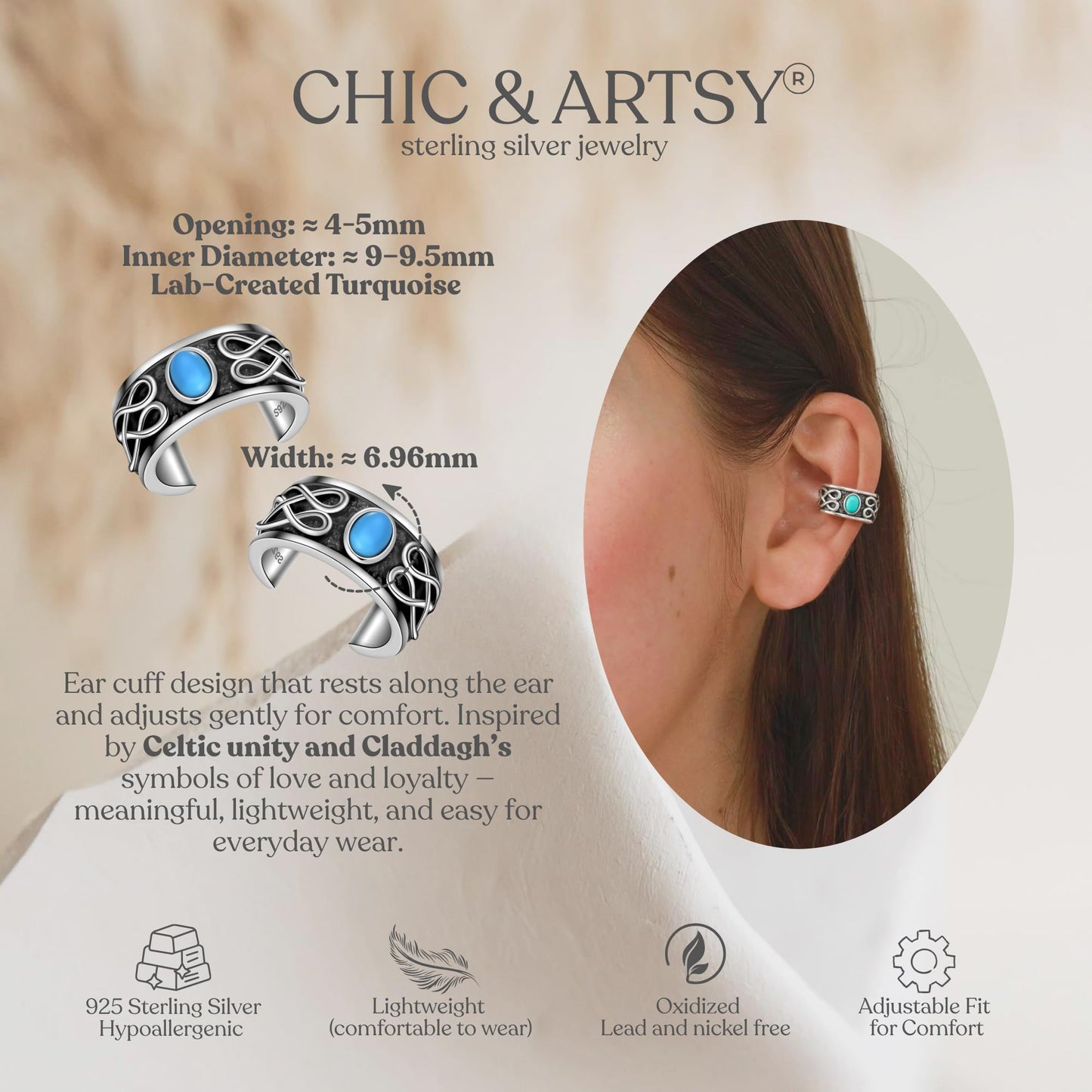 925 Sterling Silver Turquoise Celtic Knot Oxidized Ear Cuffs For Women, Sterling Silver, Turquoise