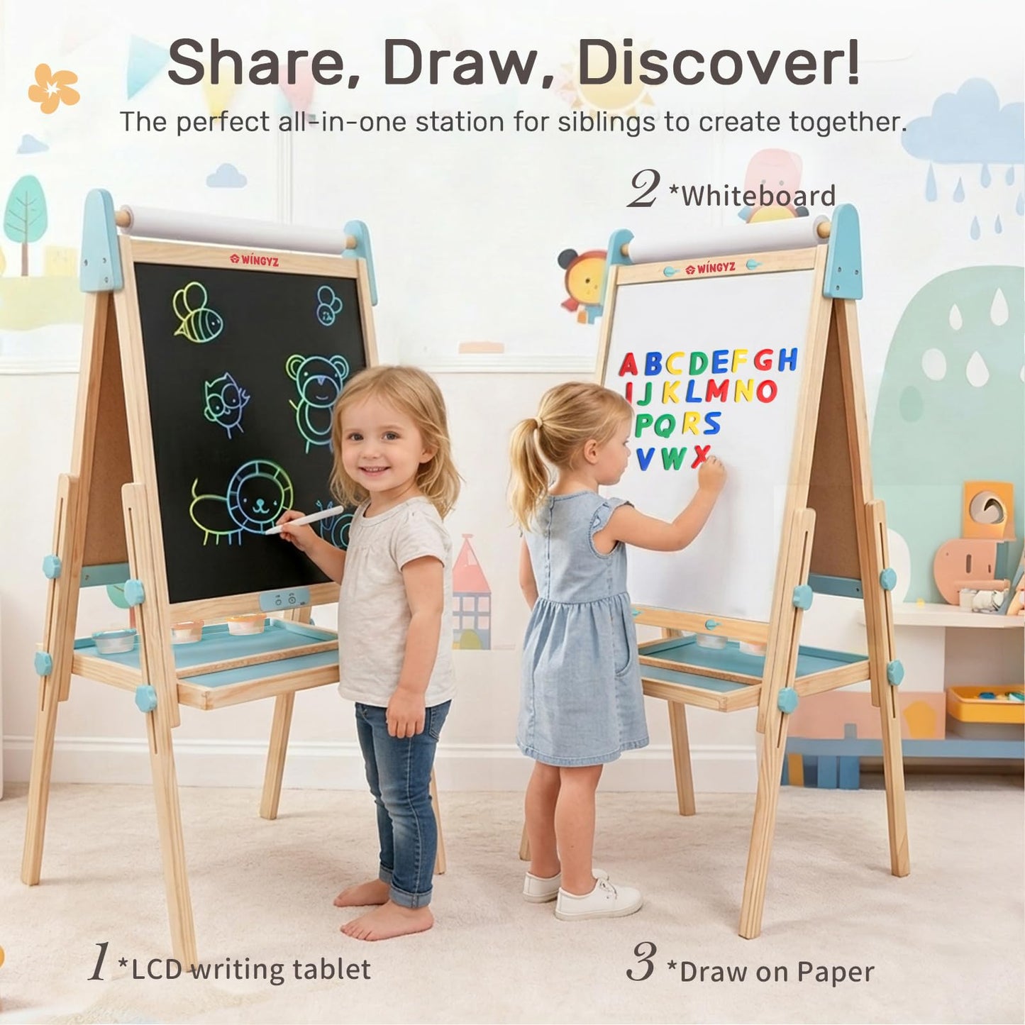 WINGYZ 24" LCD Easel for Kids, 3-in-1 Color Drawing Tablet with Blue Light-Free Screen, Whiteboard & Paper Roll, Adjustable Wooden Art Station for Ages 3-12, Mess-Free Creative Gift for Home & School