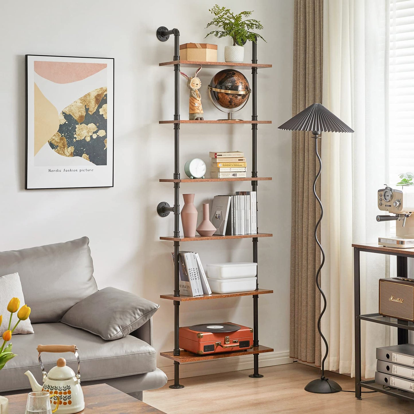 YMYNY Industrial Pipe Ladder Shelf, 6-Tier Wall Mounted Bookcase with Metal Frame, 78.7" Open Bookshelf, Multifunctional Storage Rack for Home Office, Living Room, Plant Stand, Rustic Brown, RF-TM018