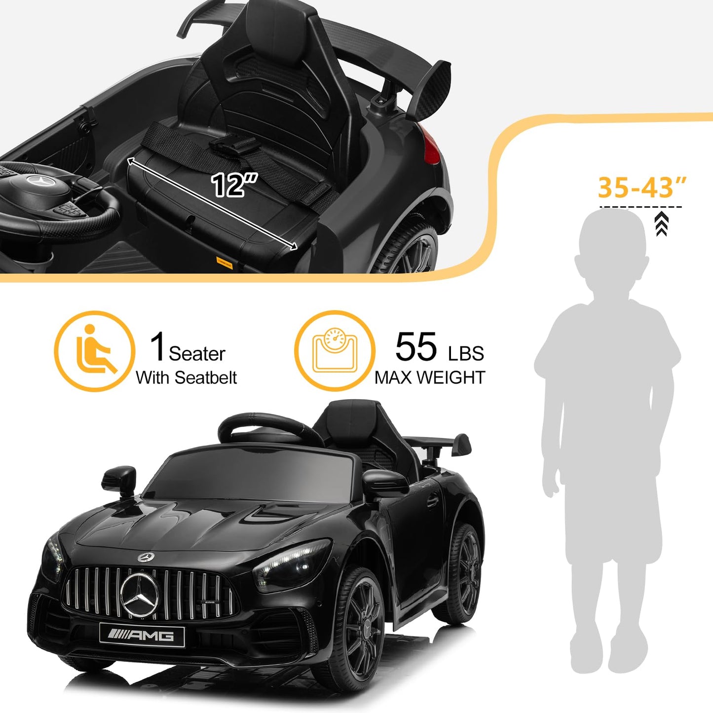 Winado 12V Ride on Car, Licensed Mercedes Benz AMG GTR Battery Powered Electric Vehicle, w/Parent Remote, Wider Seat, LED Lights, Openable Doors, MP3 Player, Smooth Start, 3 Speeds - Black