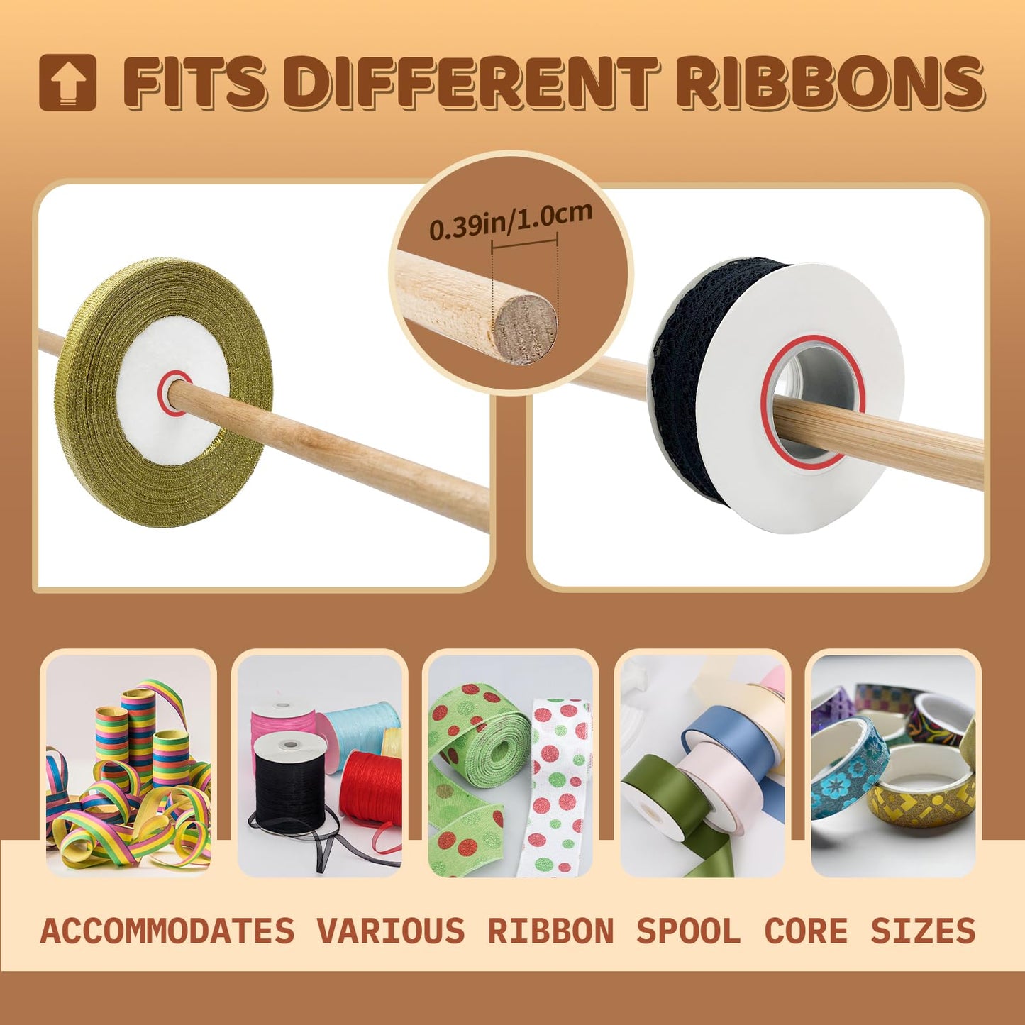 Wooden Ribbon Display Holder-Adjustable Spacing, Washi Tapes, and Sewing Threads | Craft Room Supply Storage Organization, Hair Ribbon & Gift Wrapping Supply Rack
