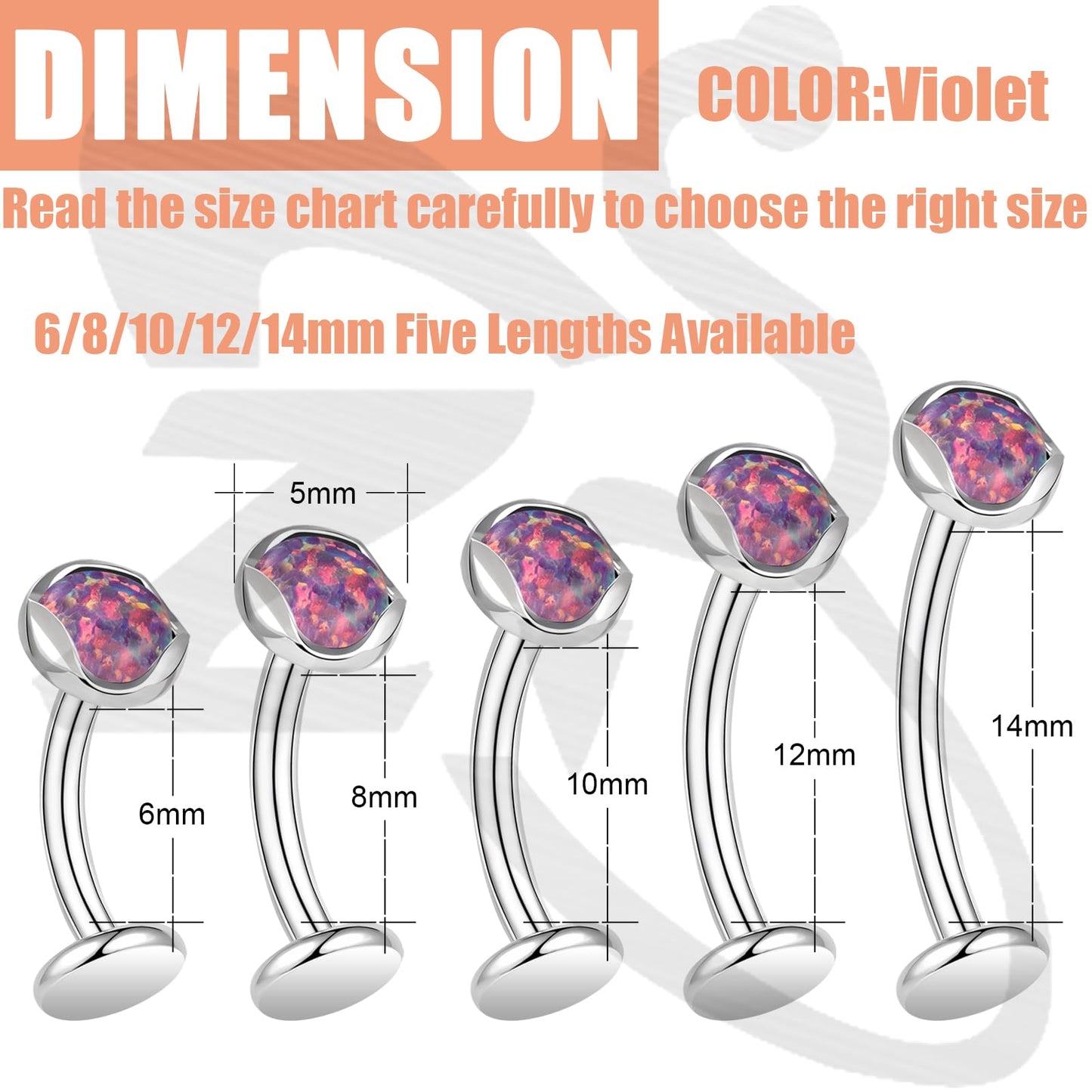ZS ASTM F136 Titanium Belly Button Ring, 14G Opal Stones Navel Jewelry, 6/8/10/12/14MM Internally Threaded Long Bar Navel Barbell Stud Flat Back Belly Piercing (Violet Opal,L:12mm)