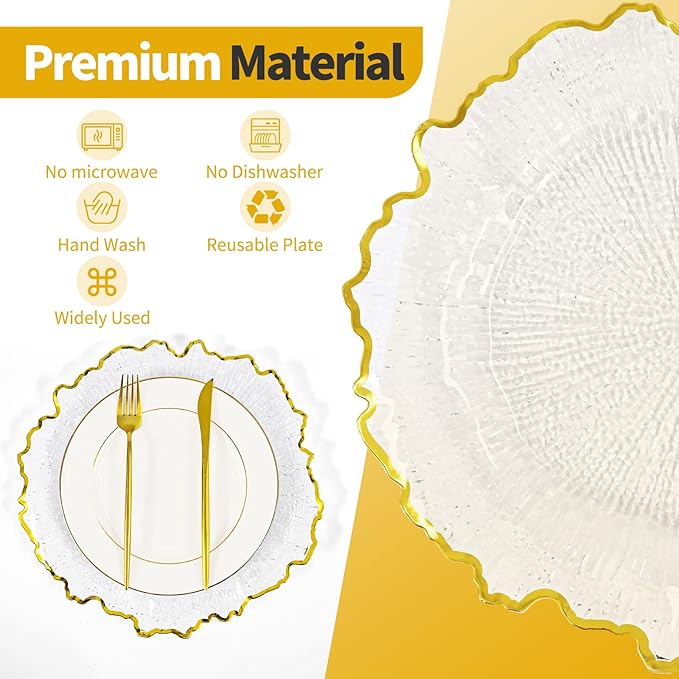 50 Pcs Clear Charger Plates Bulk 13 Inch Plastic Charger Plates for Dinner Plate, Clear with Gold Rim Chargers for Table Setting, Reef Design Plate Floral Decor Round Chargers for Wedding Party Event