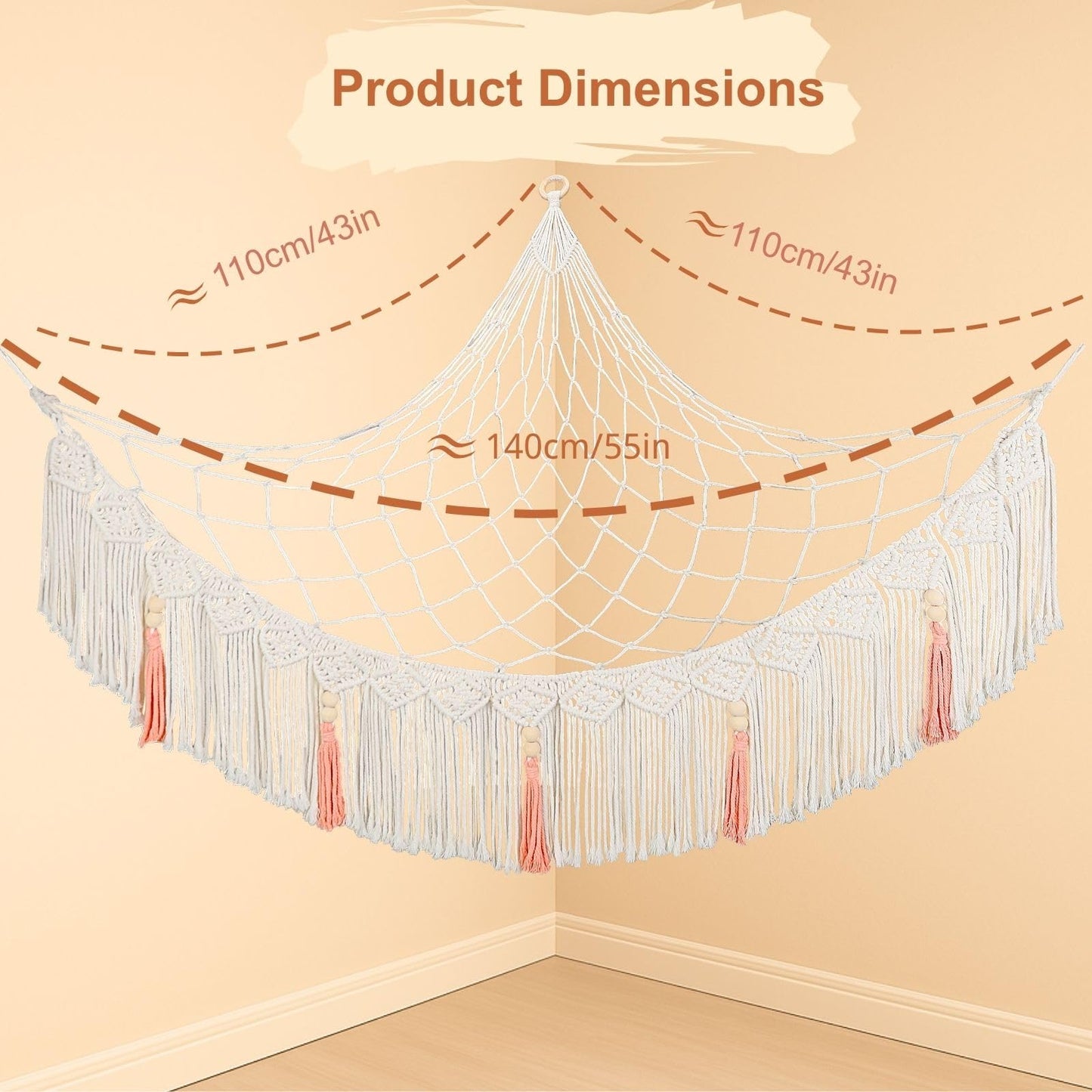 SYSYNA Corner Stuffed Animal Hammock - Large Macrame Wall Mounted Plush Toy Storage Net, Kids Room Decor