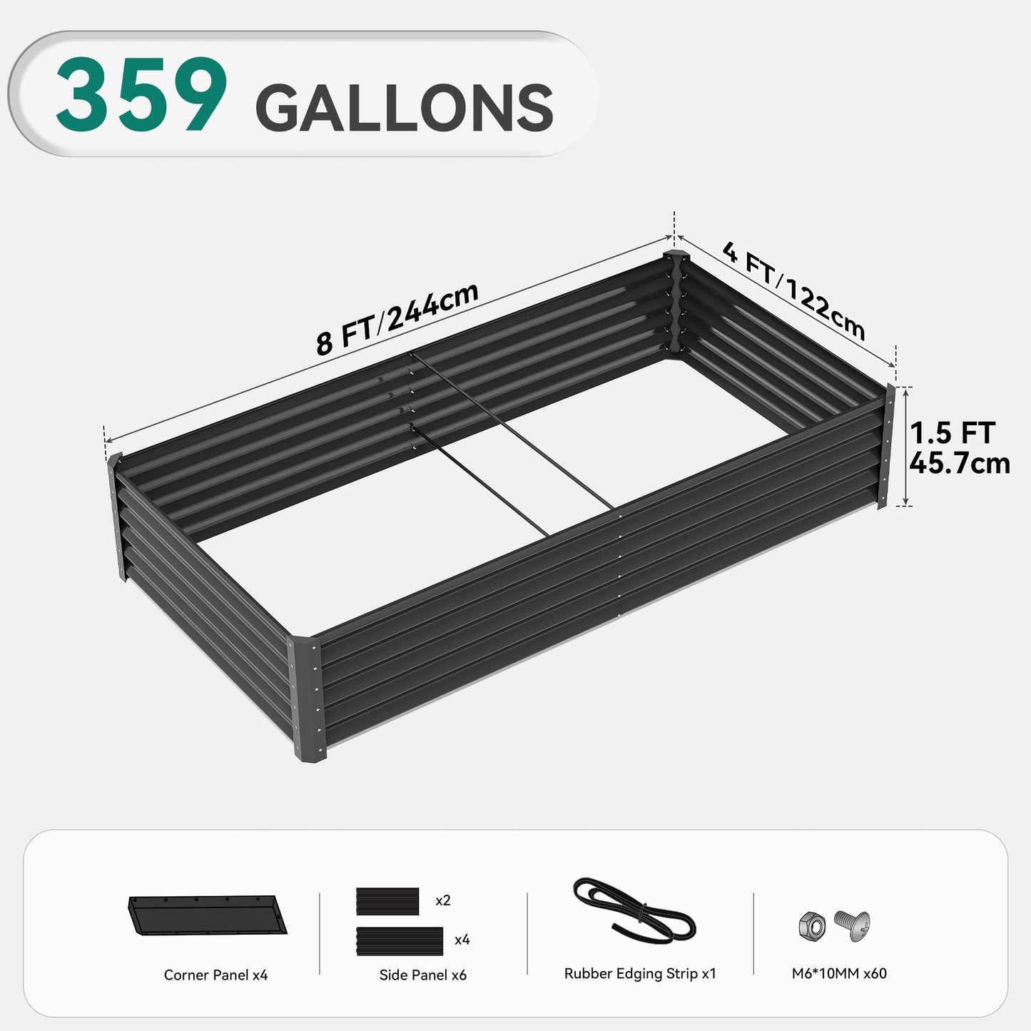 YITAHOME 8x4x1.5 ft Galvanized Raised Garden Bed Kit, Large Metal Planter Box with Gloves, Safety Rubber & Support Rod, Outdoor Flower Bed for Plants Vegetables, Green