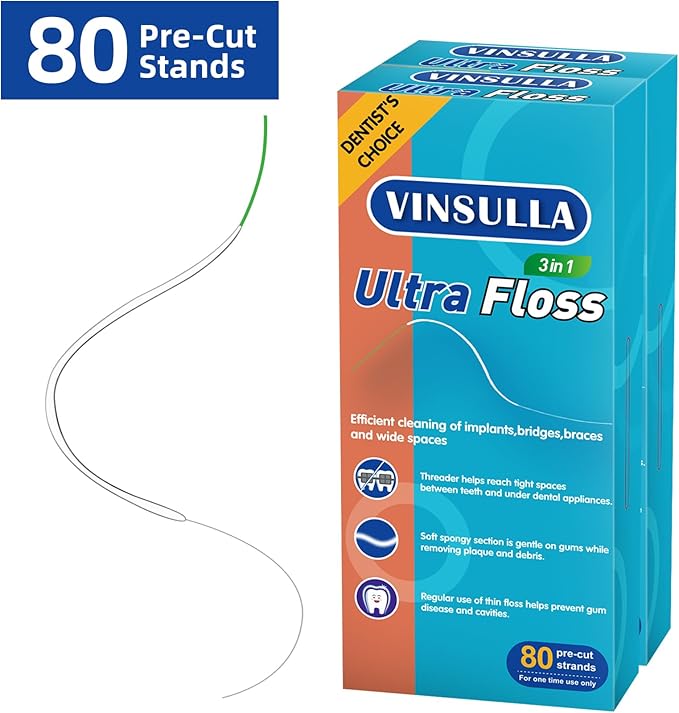 Dental Floss for Braces, Floss Threaders for Bridges and Implants, PTFE & PFAS Free Floss, 80 Pre-Cut Strands (Pack of 2)