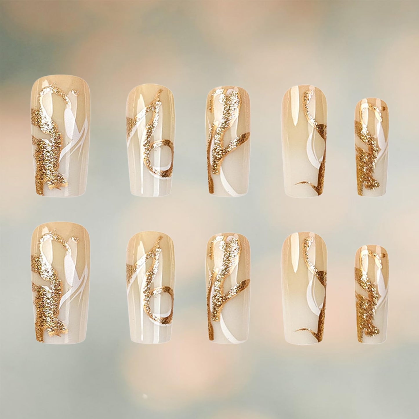 Gold Glitter Press on Nails Medium Square Fake Nails with Curve Lines Design Acrylic False Nail Tips Glossy Full Cover Stick on Nail Reusable Artificial Glue on Nails for Women Manicure 24Pcs