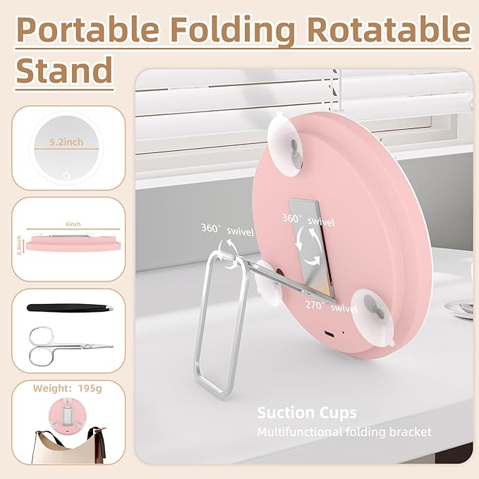 Large 6" Lighted 30x Magnified Makeup Mirror with Suction Cups & Table Stand, Travel & Home Use