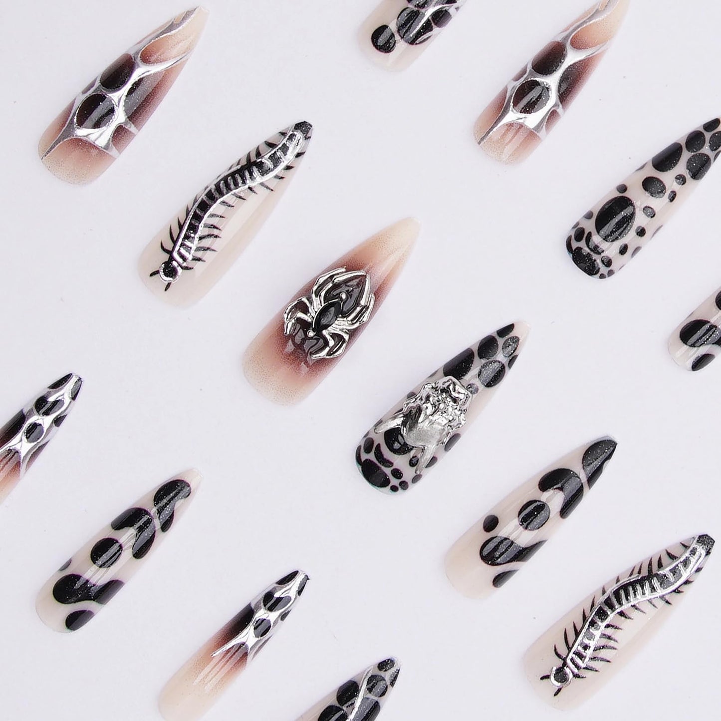 MISUD Press on Nails - Long Stiletto Fake Nails with Goth Black Silver, Acrylic Gothic Y2K Chain Design 24 pcs