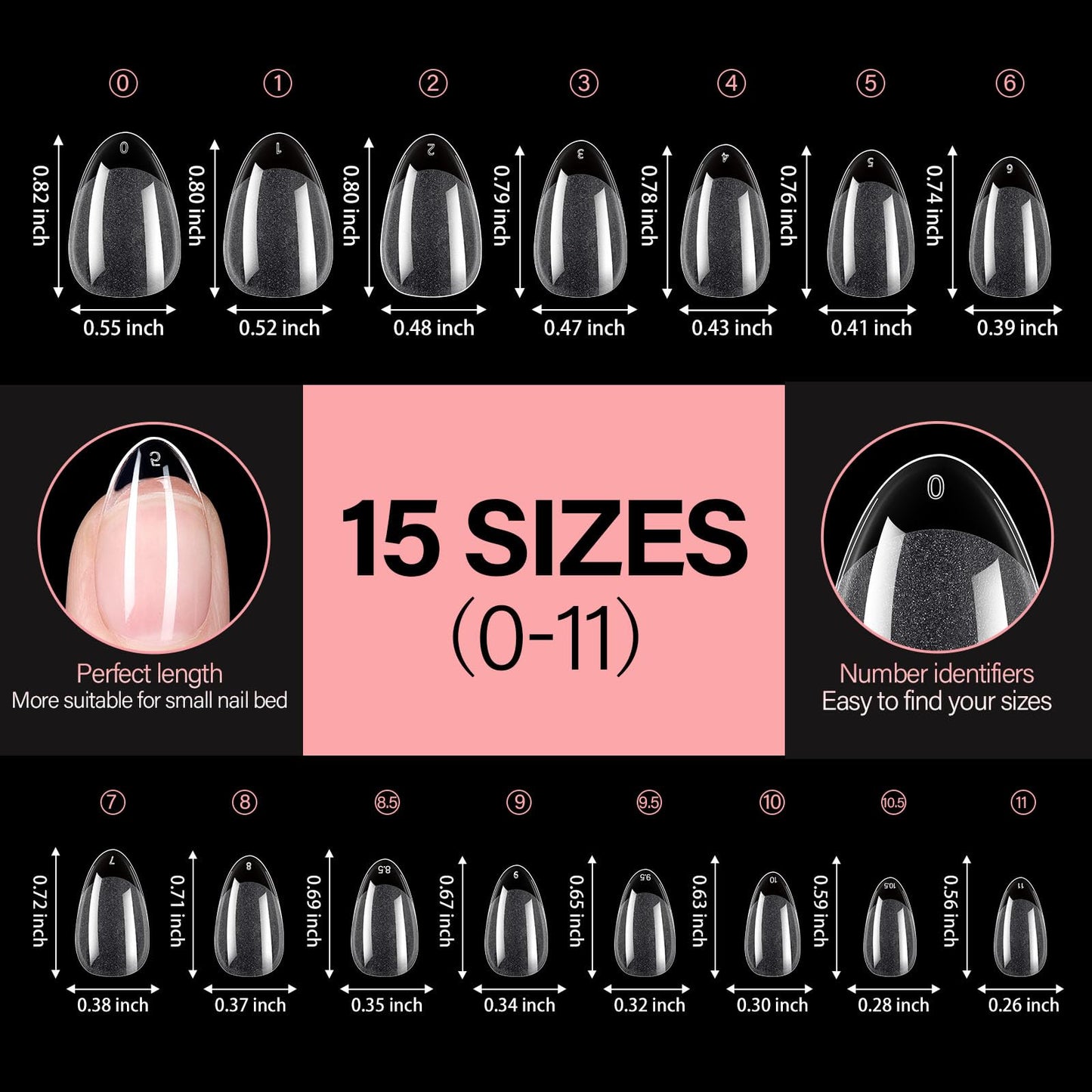 AILLSA Short Almond Nail Tips Pre-Shaped Acrylic Nail Tips Half Matte Full Cover Nails Tips Clear Gelly Press on False Tip Nail for Extension Nail Manicure Home DIY 240PCS 15Sizes
