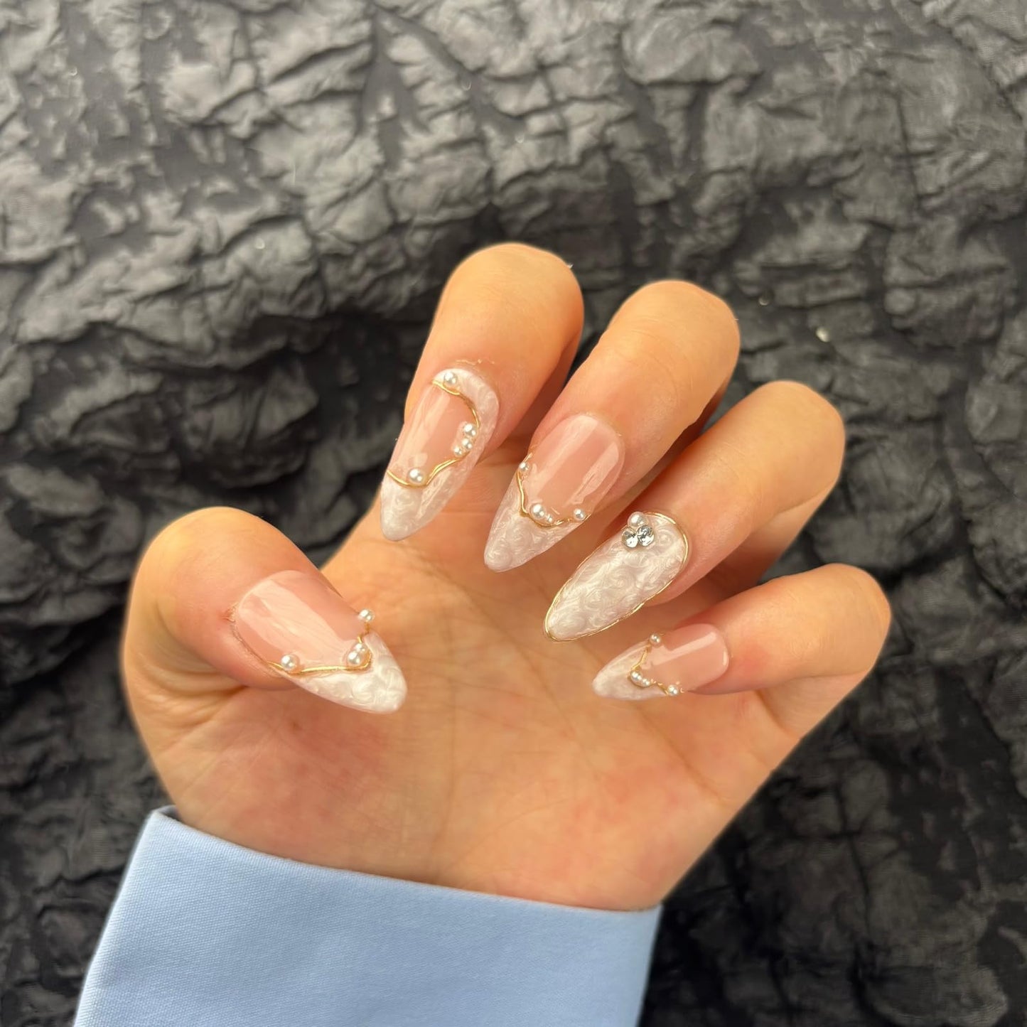 AKA Unicorn Large Handmade Press On Nails Short Almond,Nude Pink Acrylic Nails,Luxury Nail Press On with Charm Pearl Design for Wedding&Party Wear-True Love Design Concept