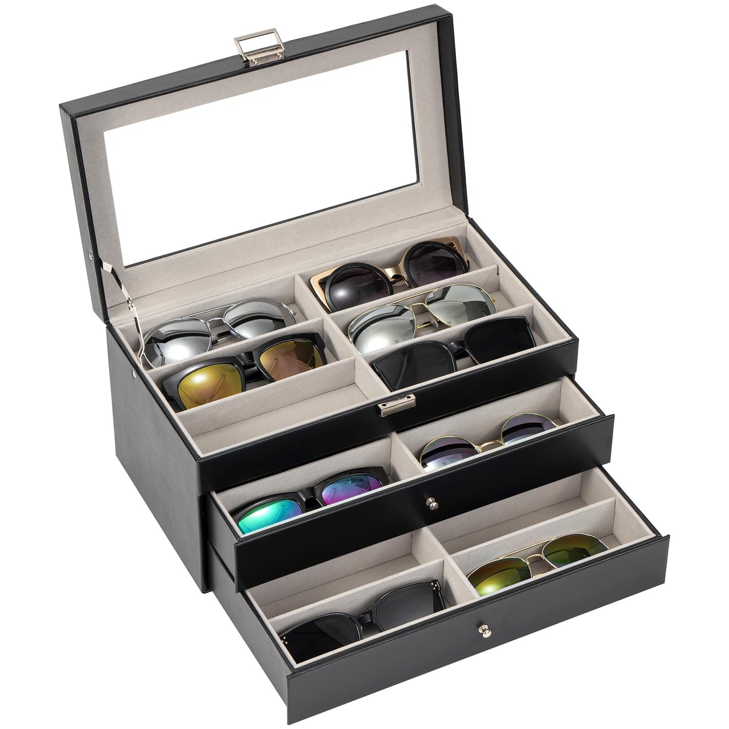 ProCase 3-layer Sunglasses Storage Organizer, 18 Slots Leather Sunglass Box Multiple Pairs Eyeglass Cases Eye Glass Eyewear Display Holder for Men Women, Valentine's Day Gift -Black