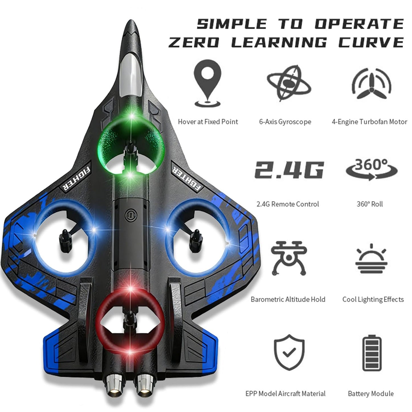 RGIMF Foam Remote Control Airplanes, RC Plane with Light, RC Airplane Fighter Jet, 360° Flip, Stunt Roll, Airplane Drone for Men, RC Airplane (Blue)